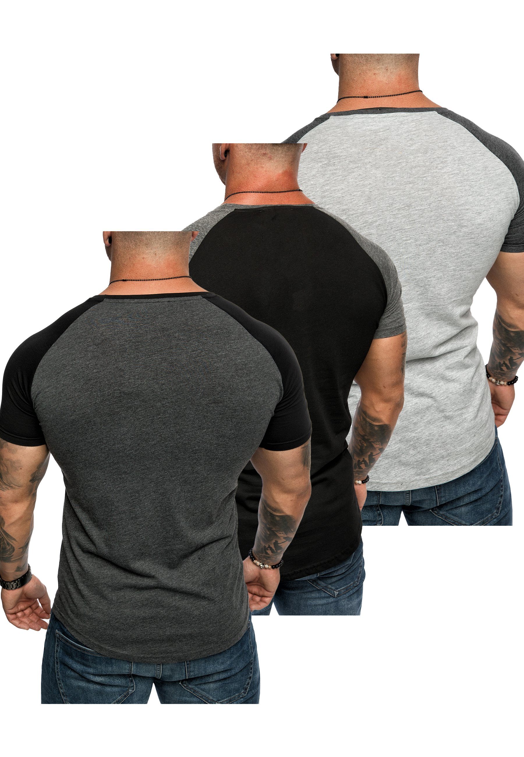 Basic T-Shirt Oversize Kontrast 3. (Anthrazit/Schwarz T-Shirts 3er-Pack T-Shirt Schwarz/Anthrazit + Amaci&Sons OMAHA (3er-Pack) Raglan Grau/Anthrazit) + Herren