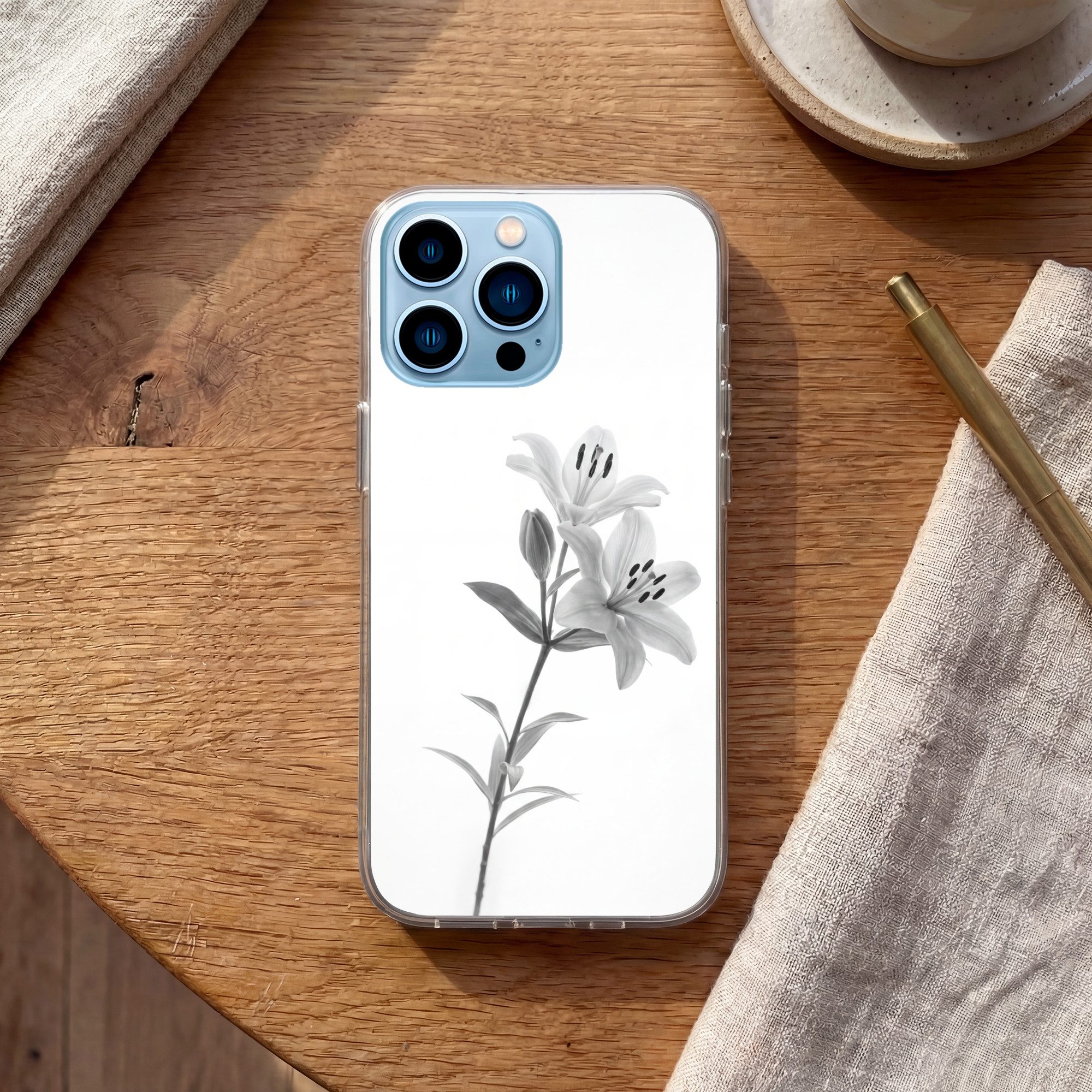 MuchoWow Handyhülle für Apple iPhone 13 Pro Lilien - Elegant - Schwarz - Weiß, Smartphone-Bumper, Print, Handy Schutzhülle Dünn