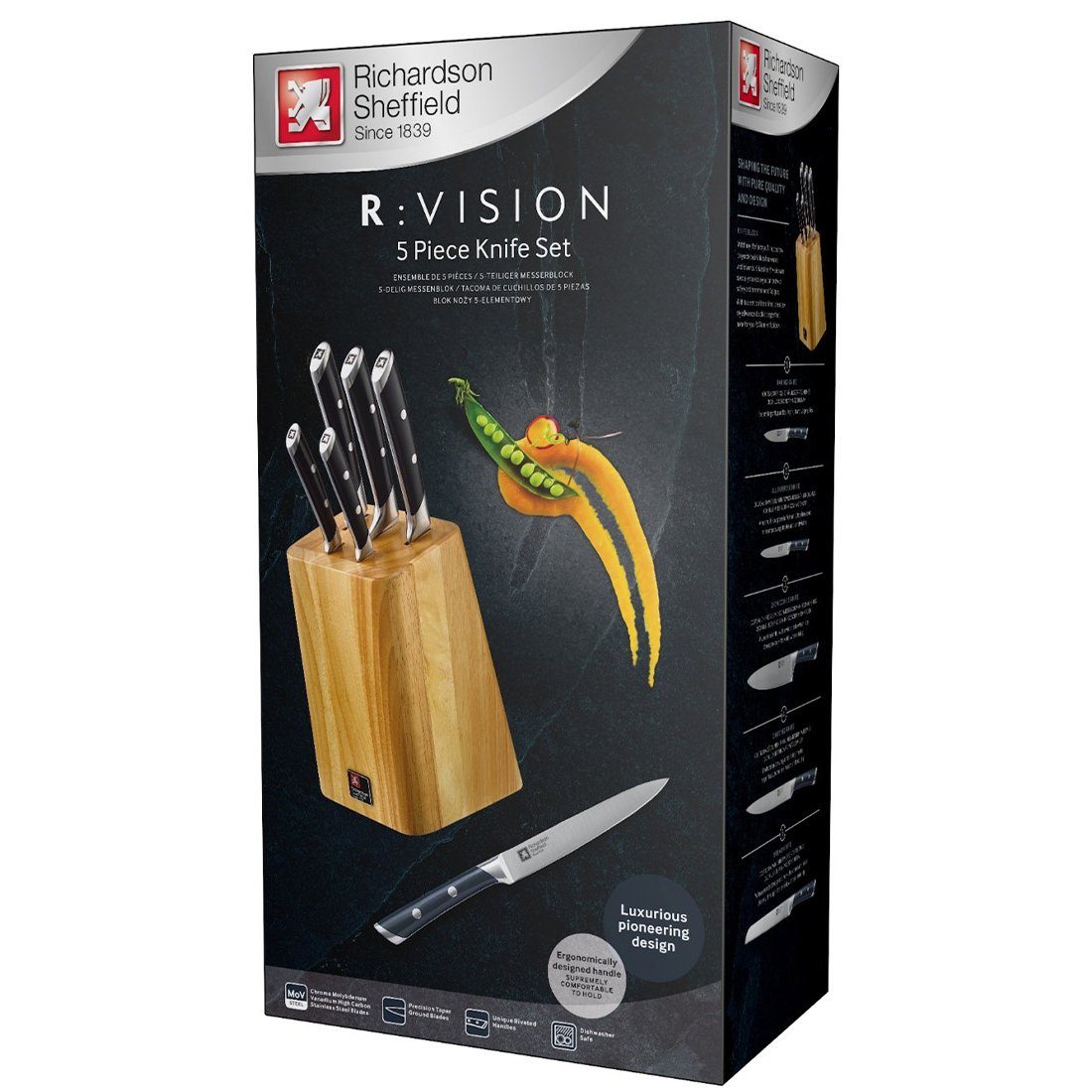 Richardson Sheffield Messerblock R:VISION, Küchenmesser hochwertiger aus Eichenholz Messerblock inklusive 5