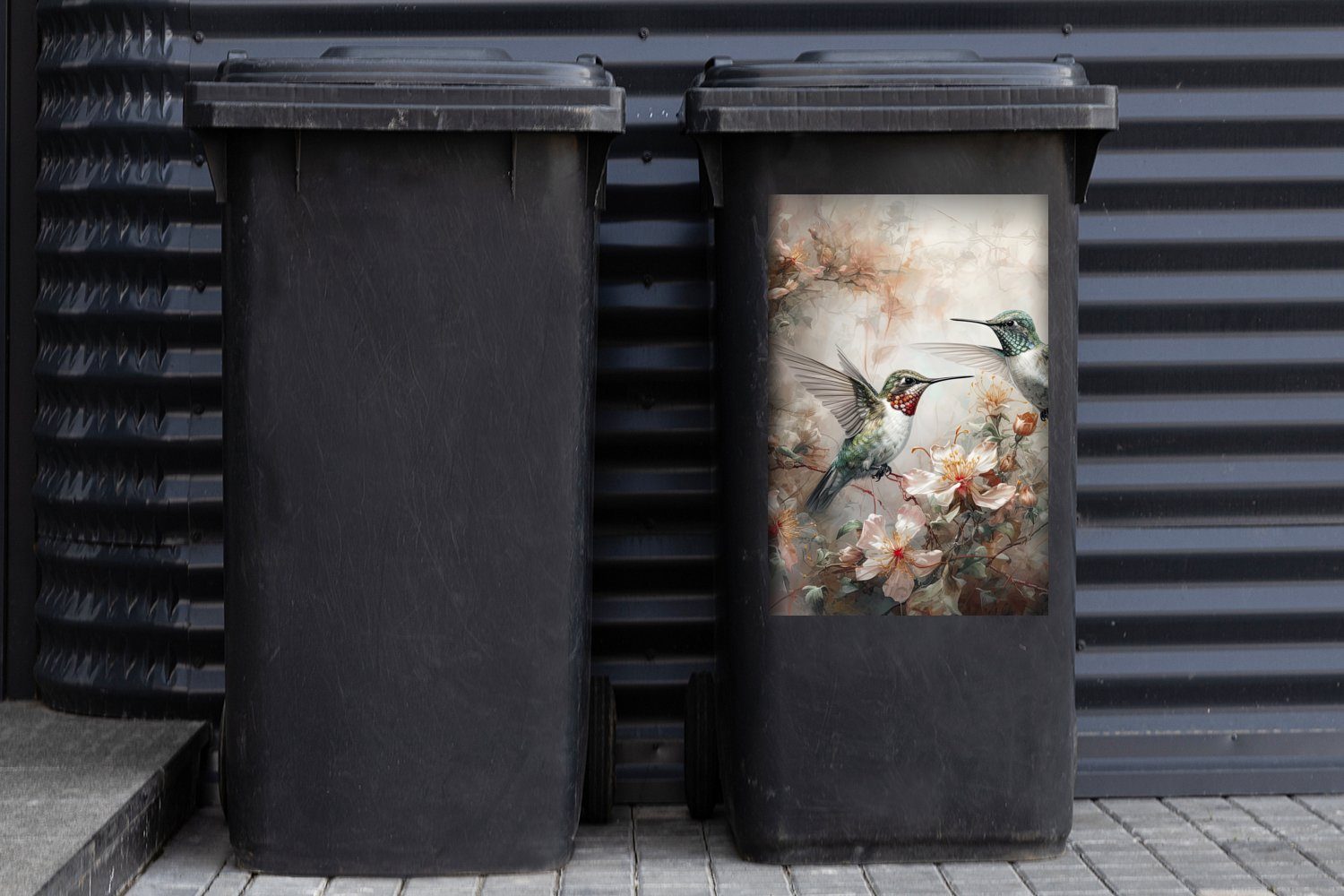 Vögel Mülleimer-aufkleber, - MuchoWow St), Mülltonne, - Container, Pflanzen Wandsticker (1 - Blumen Abfalbehälter Sticker, Kolibri