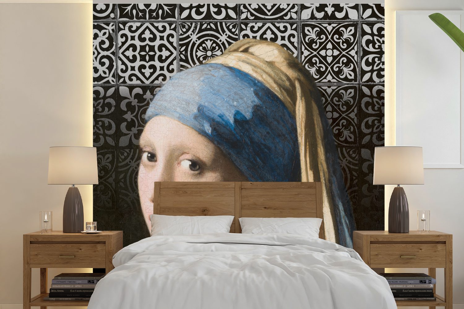 MuchoWow Fototapete Vermeer - Mädchen mit Perlenohrring - Kacheln, Matt, bedruckt, (5 St), Vinyl Tapete für Wohnzimmer oder Schlafzimmer, Wandtapete
