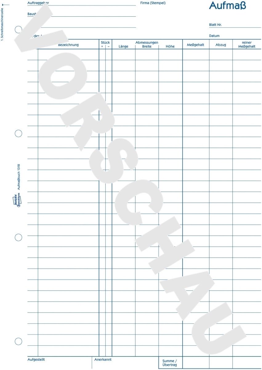 Formularblock Formularbuch Aufmaßbuch A4 100 Blatt