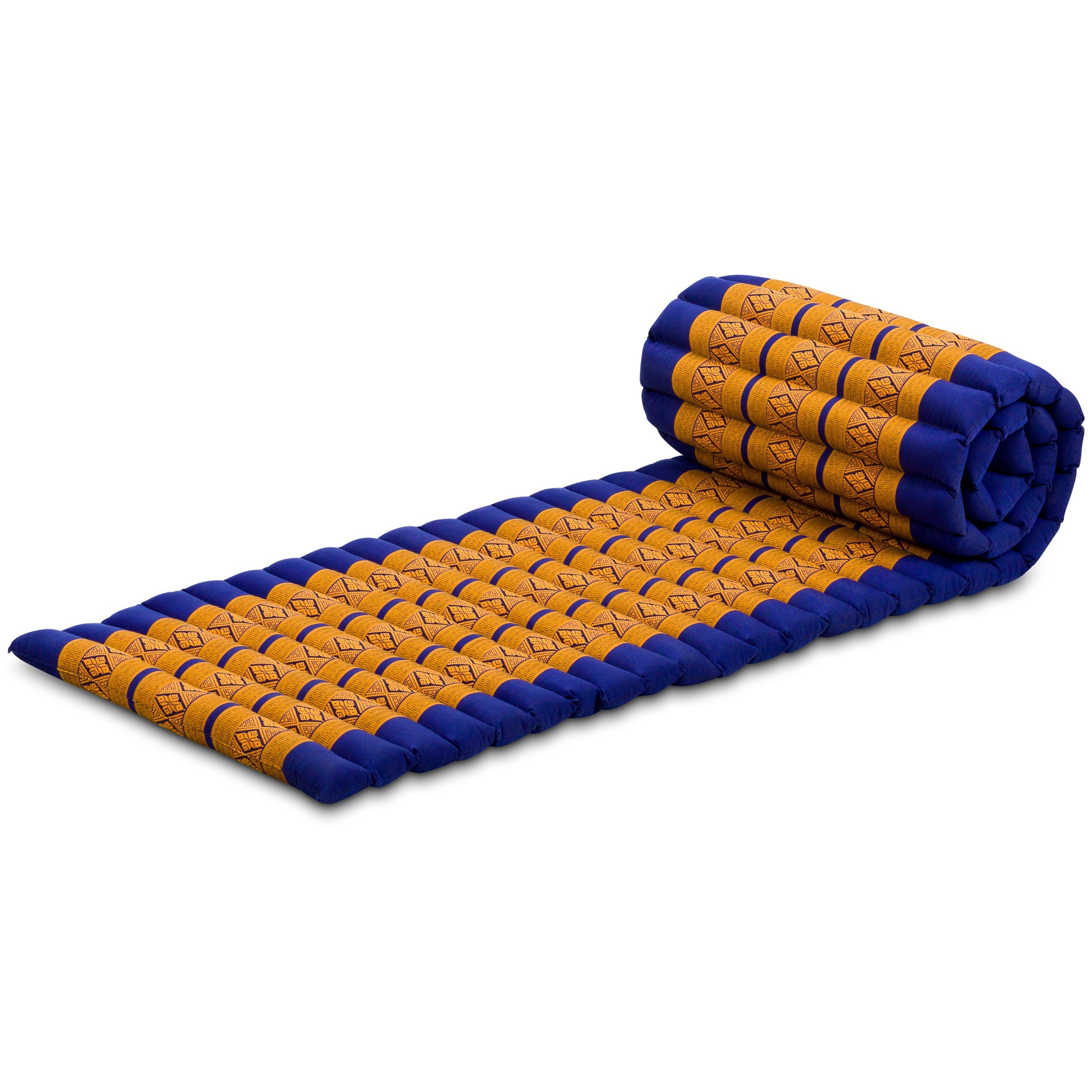 Reisebett-Matratzen Rollmatte 50 cm breit, vegan und handgefertigt, 210x50x4,5cm, livasia, 4,50 cm hoch, Kapok Blau/Gelb