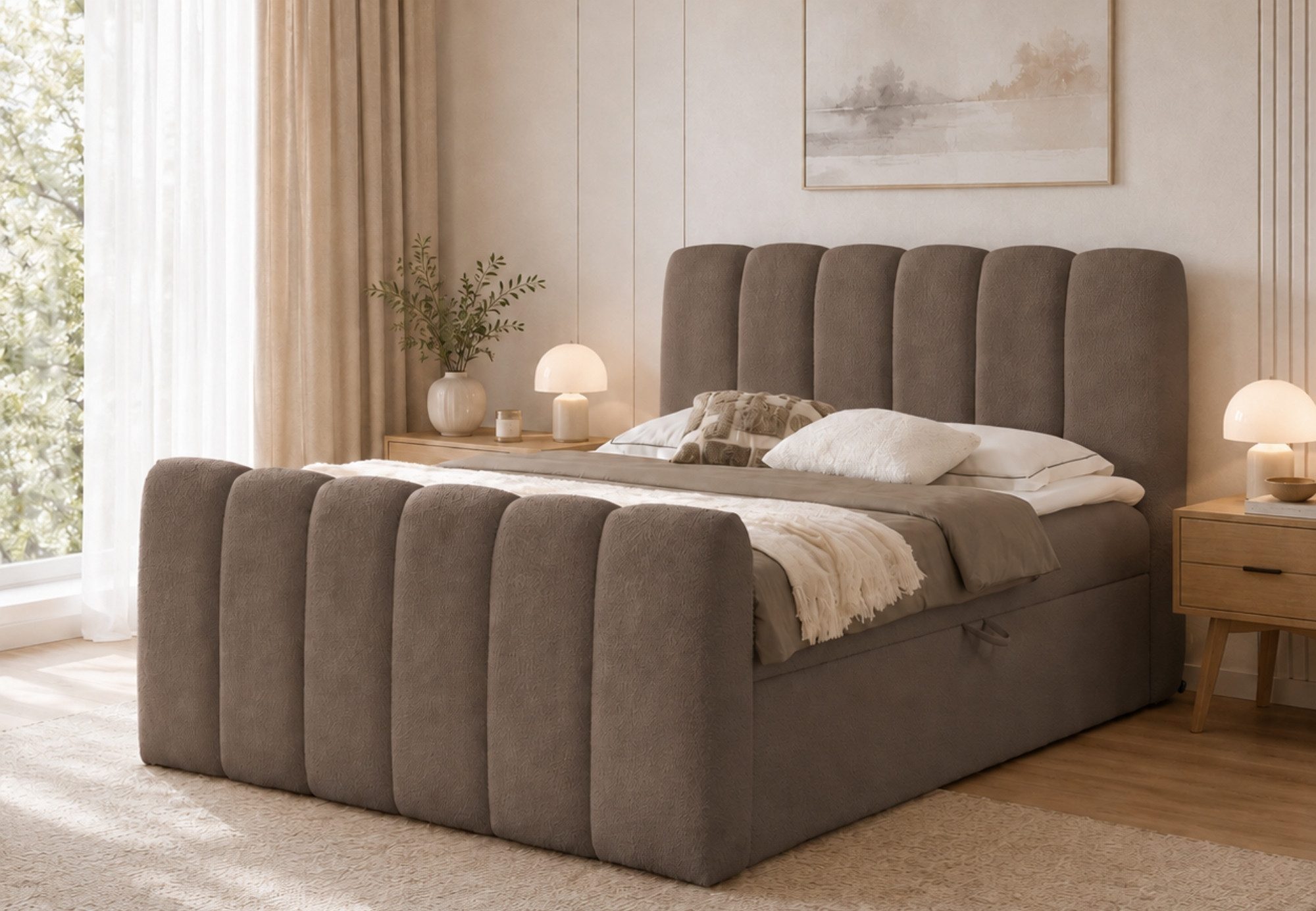 Home Collective Boxspringbett Polsterbett Doppelbett Bubble Bett mit Stauraum & Topper, viele Größen (mit Taschenfederkern-Matratze & leichtgängiger Federmechanik), trendiger Bouclé Bubble Look weicher Chenille-Stoff Braun