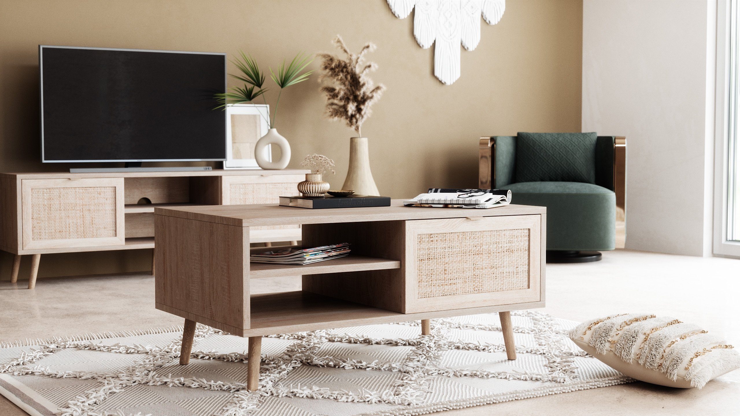 Newroom Couchtisch Mila, Sonoma Eiche Rattan Optik Boho Wohnzimmertisch Modern Skandinavisch