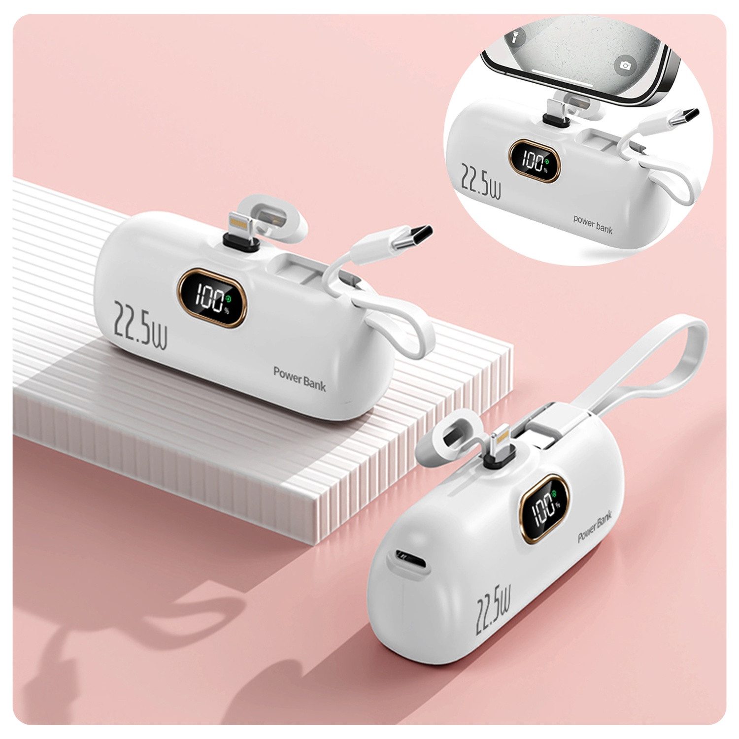 ibettertec Mini-Powerbank PD 22.5W 5000mAh mit Lightning Stecker + Typ C Kabel Powerbank 5000 mAh, 2 in 1 Type-C / i-Phone Powerbank mit Schnellladefunktion