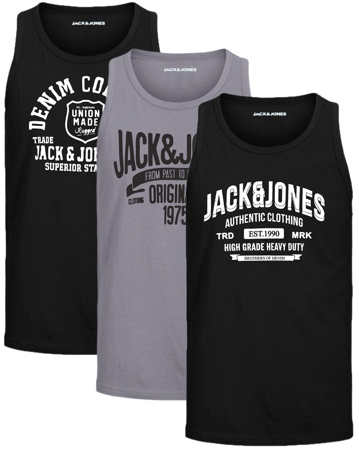 Jack & Jones Tanktop Bequemes Slimfit Shirt mit Printdruck (3er-Pack) unifarbenes Oberteil aus Baumwolle, Größe L