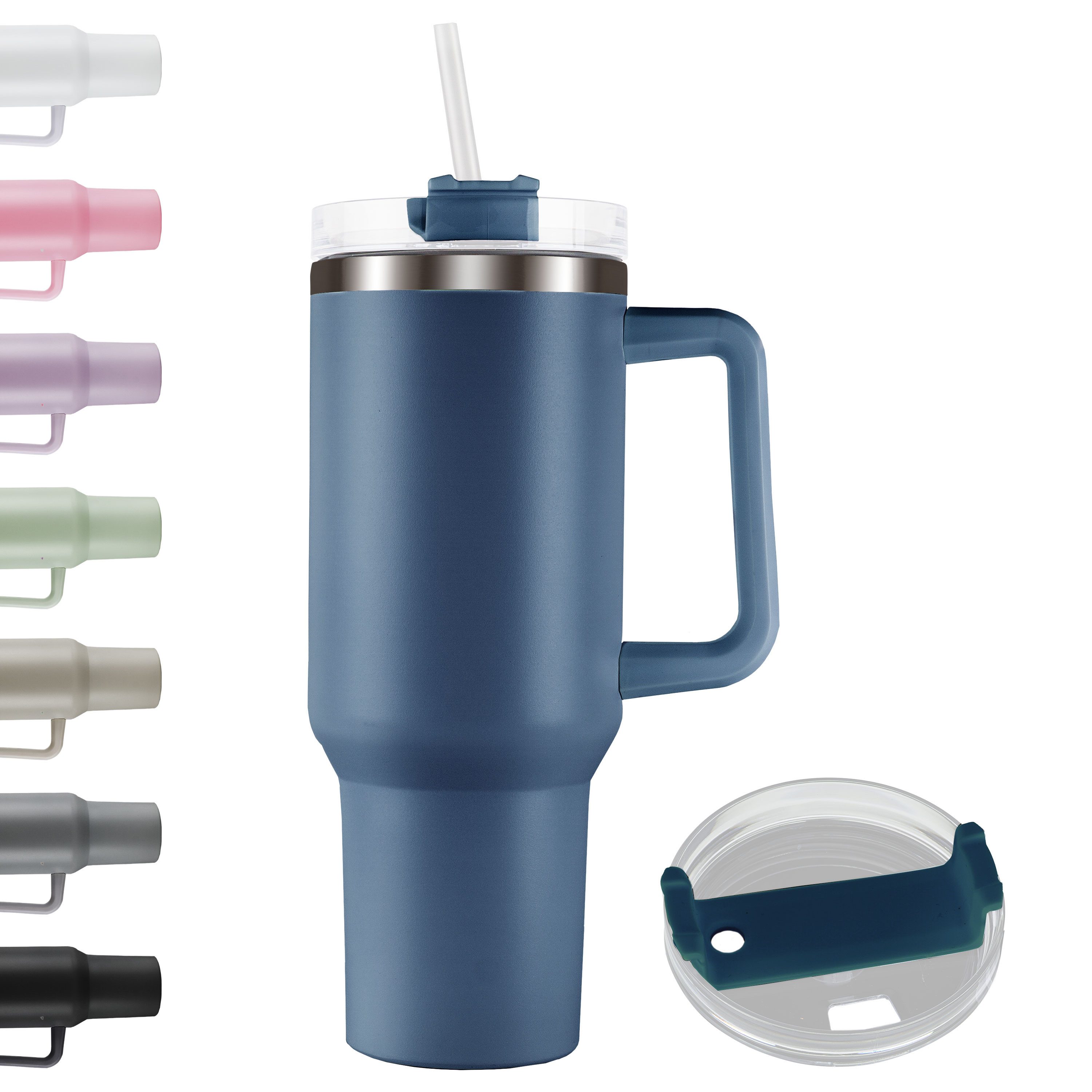Roomando Thermobecher Becher mit Henkel Strohhalm Edelstahl Autobecher Kaffeebecher blau