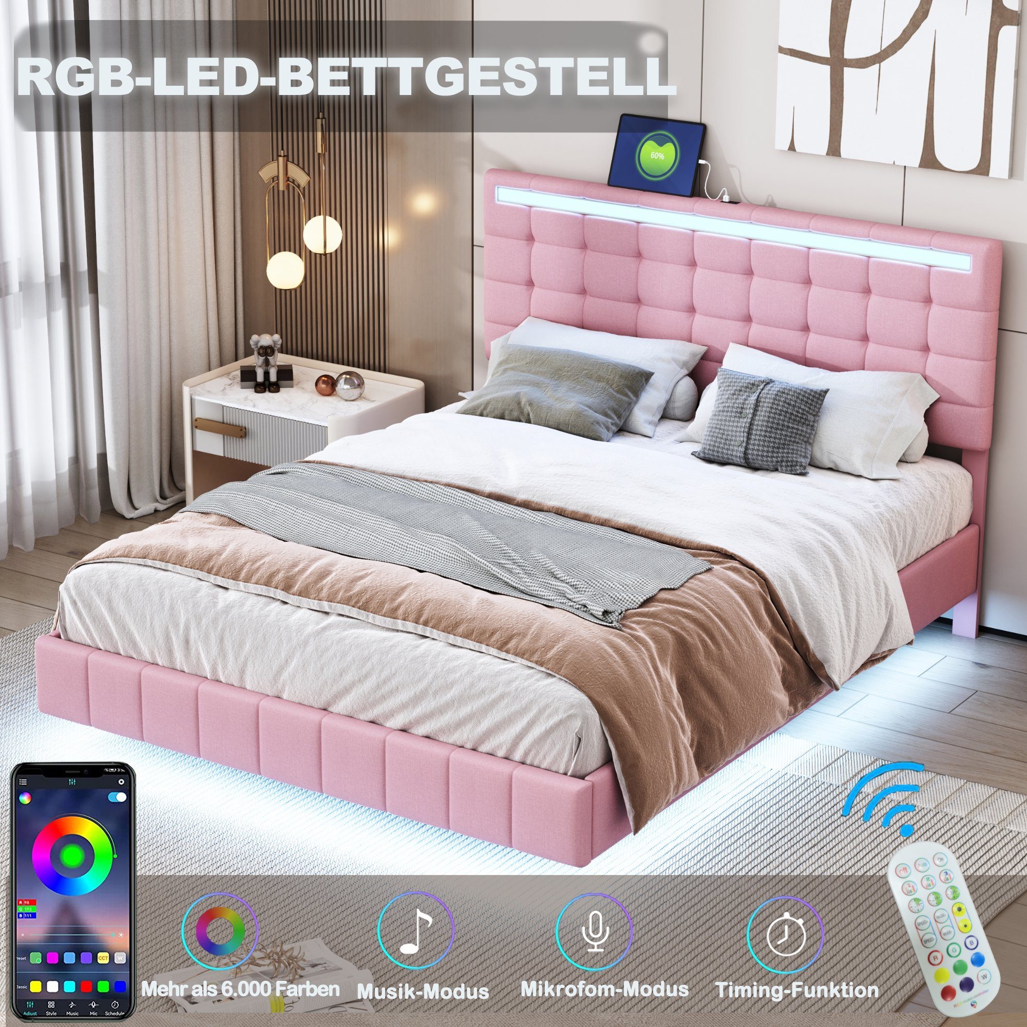 Polsterbett (LED Doppelbett), mit USB Ladefunktion und höhenverstellbarem Kopfteil 140x200cm, Leinen