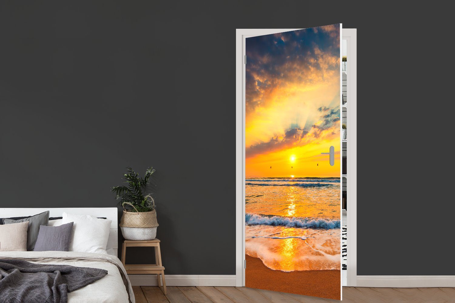 MuchoWow Türtapete Sonnenuntergang für Wolken - - - Orange, bedruckt, - Tür, (1 Türaufkleber, Strand Meer 75x205 St), Fototapete cm Matt