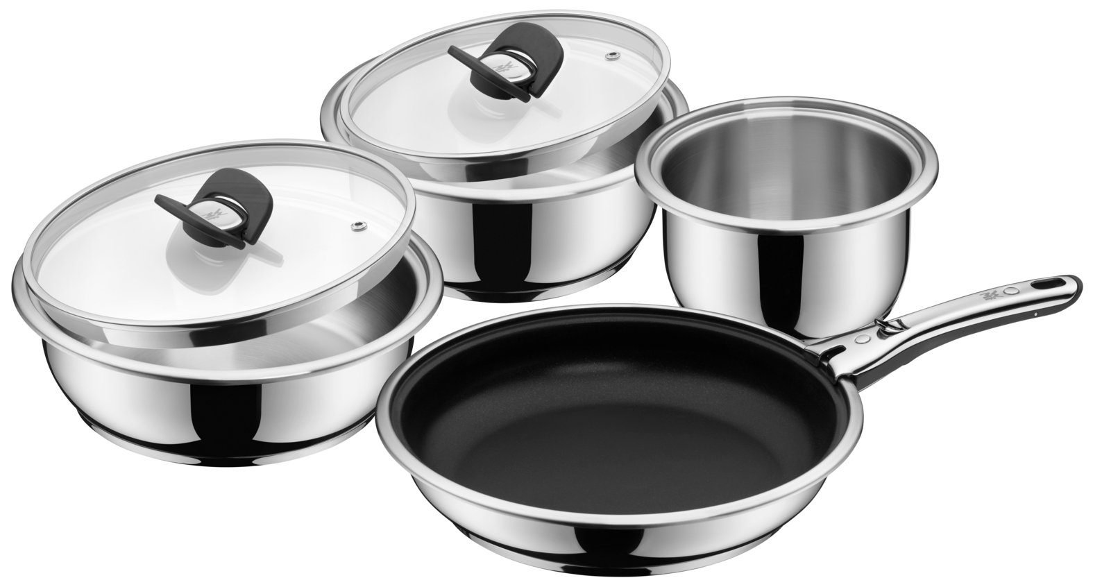 WMF Topf-Set Click&Serve Kochgeschirr Set, 7-teilig, Cromargan Edelstahl rostfrei 18/10 (2x Stielkasserolle ohne Griff 16 cm, 20 cm, 1x Sauteuse ohne Griff 24 cm, 1x Bratpfanne 28 cm beschichet ohne Griff, 2x Glasdeckel 20 + 24 cm, 1x abnehmbarer Griff, 7