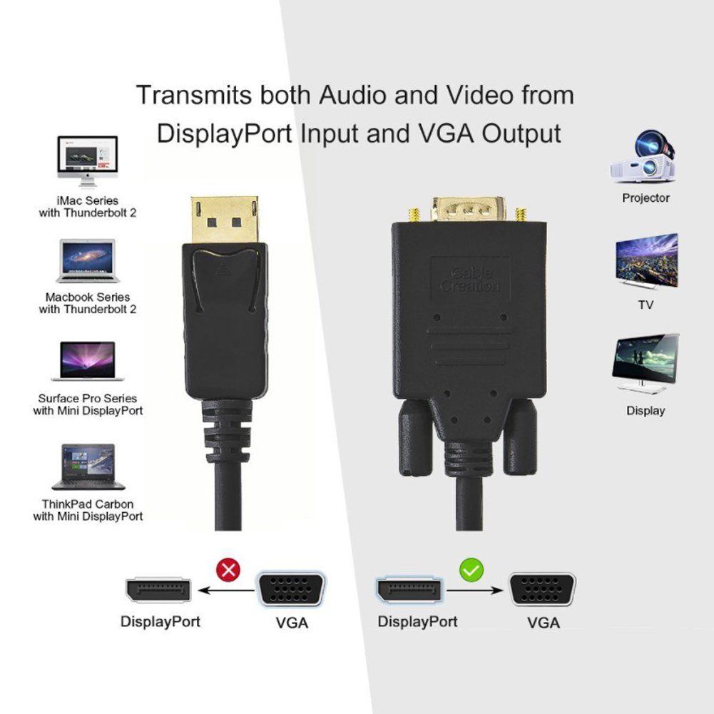 Bolwins H17 Kabel Adapter DP Displayport zu VGA Stecker Laptop PC Monitor 1,8m Video-Kabel, DP Displayport, VGA (180 cm), DisplayPort auf VGA Adapterkabel – Bild 3 von 5
