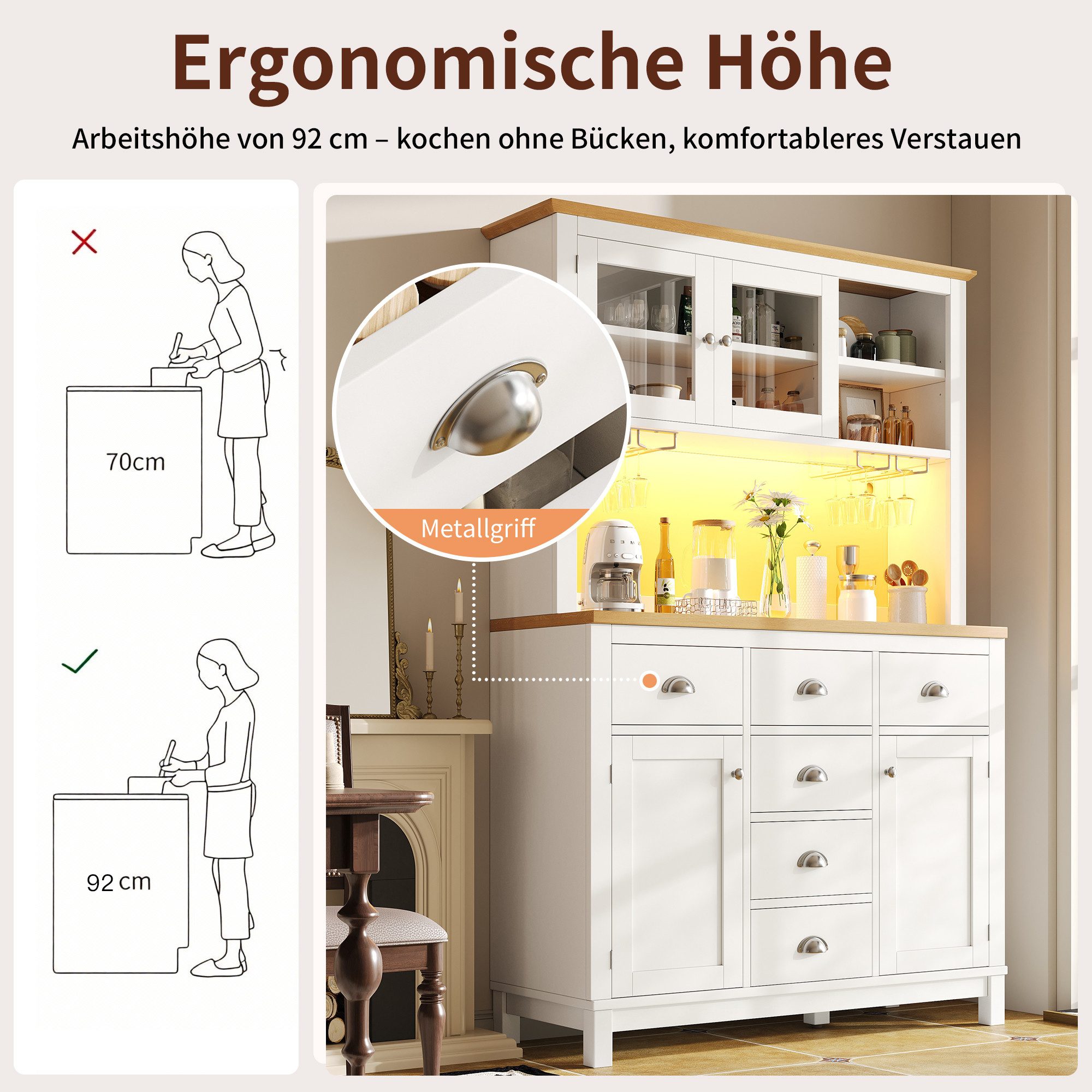 Celya Küchenbuffet Buffetschrank Landhausstil mit LED und Getränkehalter (104x40x180cm, 4 Türen und 6 Schubladen) Geeignet für Küchen, Esszimmer und Wohnzimmer