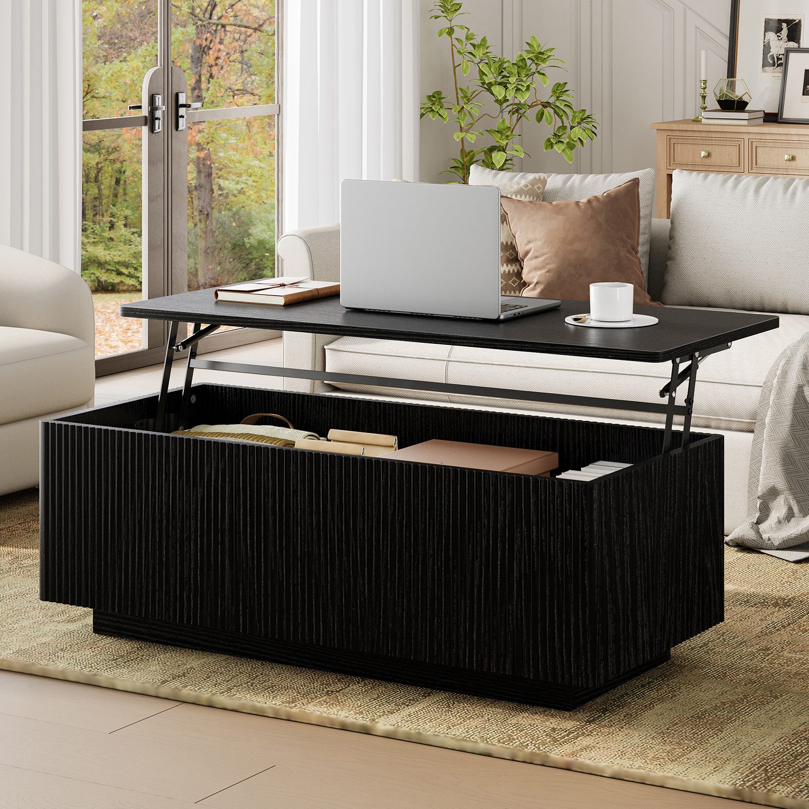 FABATO Couchtisch Lift-Couchtisch 106 cm mit großem verstecktem Stauraum (1-St., aufklappbar, Holz-Optik, Mid-Century-Modern-Stil, für Ihr Sofa), rechteckiges Fluted-Design mit abgerundeten Ecken