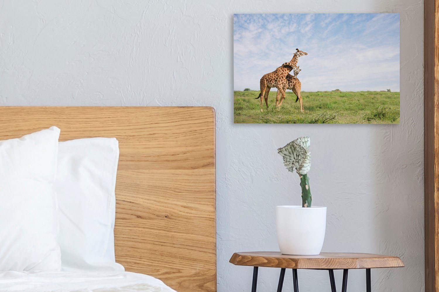 OneMillionCanvasses® Leinwandbild Zwei 30x20 Wanddeko, Leinwandbilder, St), (1 kuscheln, Giraffen Aufhängefertig, Wandbild cm