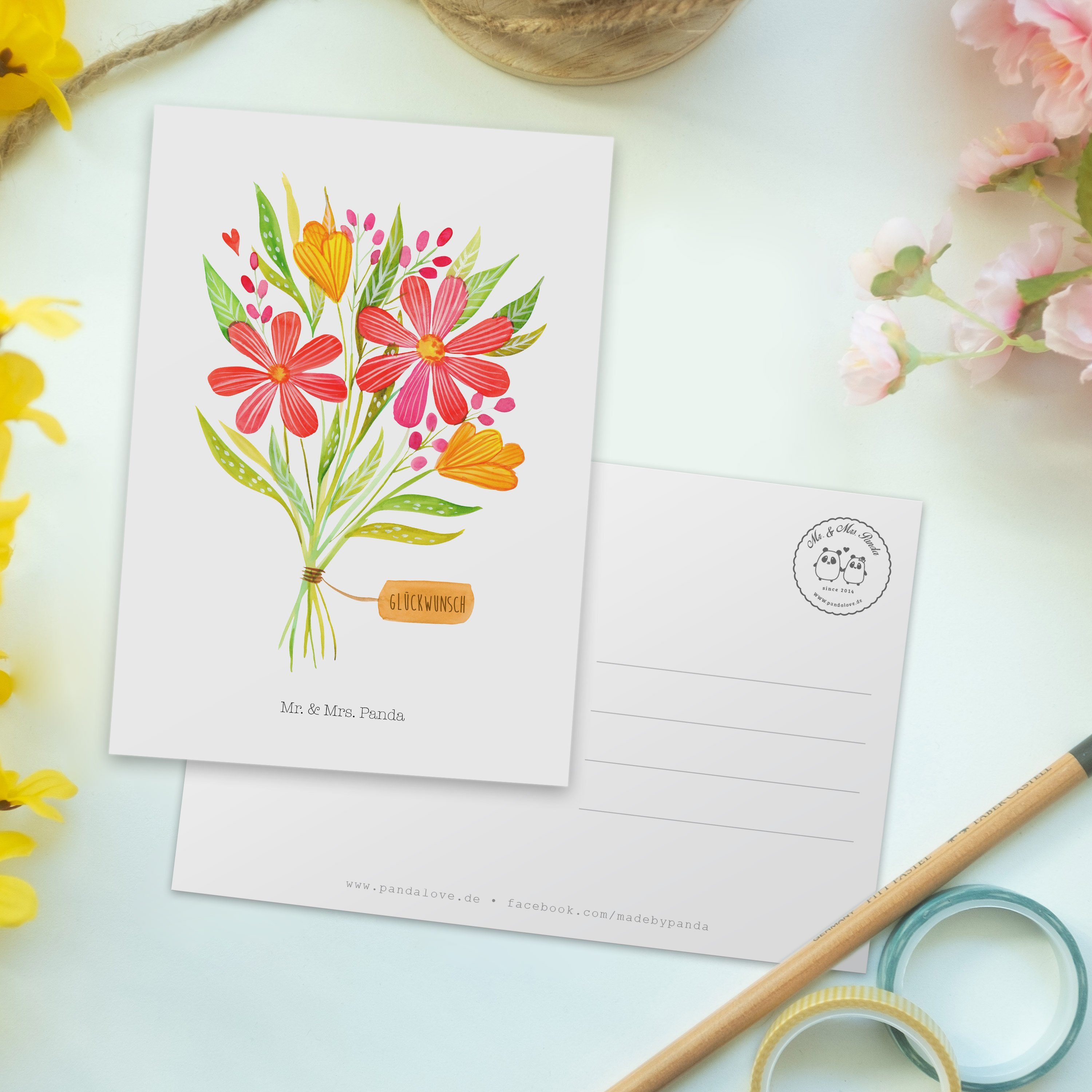 Mrs. Geschenk, Abenteuer, & - Vielen Blumenstrauß Dekoration, Postkarte Dank, D Panda Mr. - Weiß