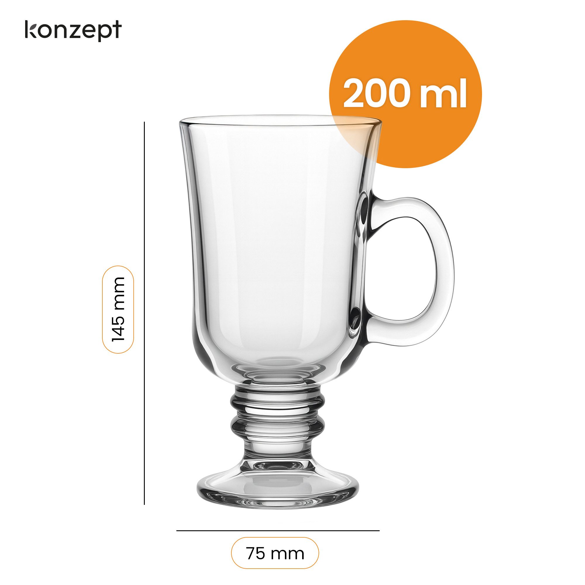 KONZEPT Latte-Macchiato-Glas 6er Set -200 ml Irish Coffee Gläser mit Henkel und Stiel, 6-tlg., hochwertiges Glas, Pflegeleicht, Vielseitige Verwendung – Bild 3 von 5