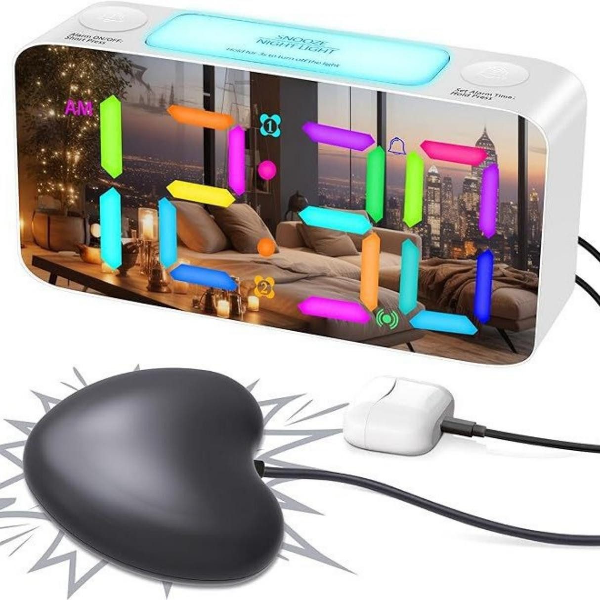 Minicloss Wecker Bettvibration, 15-buntes LED-Display,7-farbiges Nachtlicht