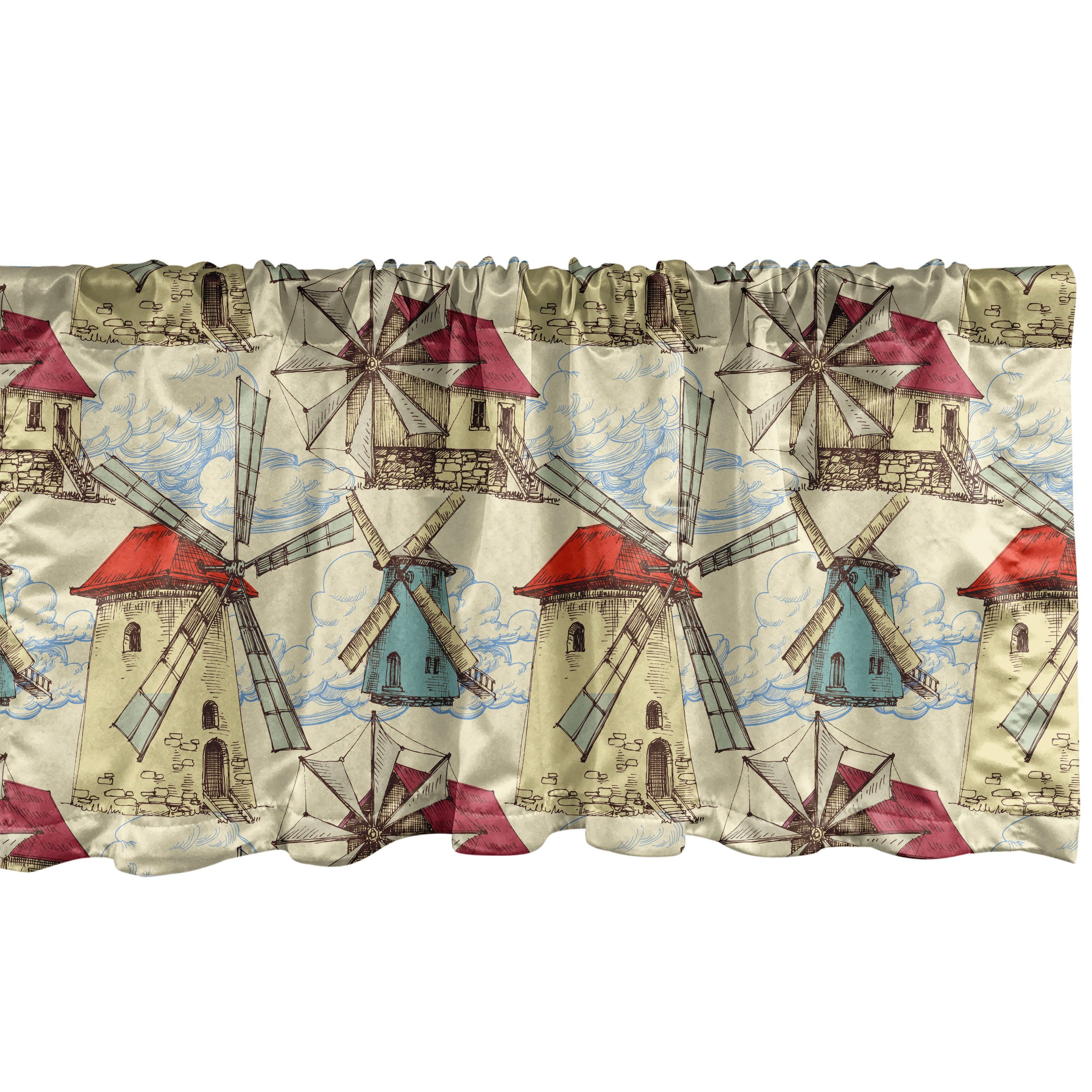 Scheibengardine Vorhang Volant für Küche Schlafzimmer Dekor mit Stangentasche, Abakuhaus, Microfaser, Skizzieren Flüchtige Windmühle und Wolken