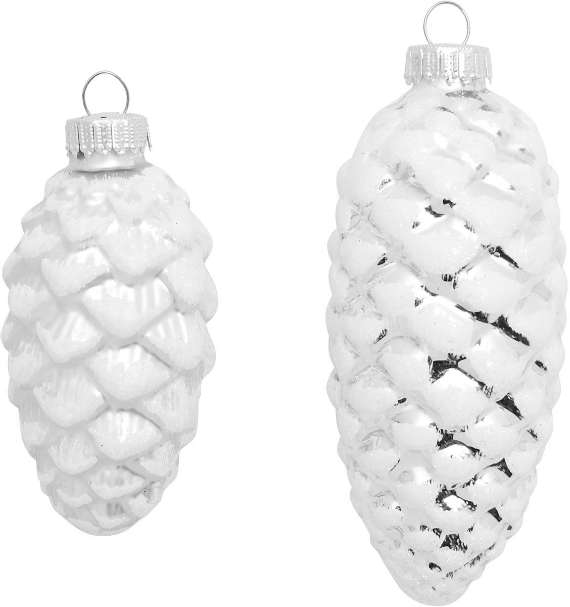 Krebs Glas Lauscha Christbaumschmuck Glas-Tannenzapfen Silberfarben, mit Glitter, 2x Ø 8 cm + 2x Ø 10 cm (4-tlg), Weihnachtsdeko, Weihnachtsbaumkugel, Christbaumkugeln aus Glas