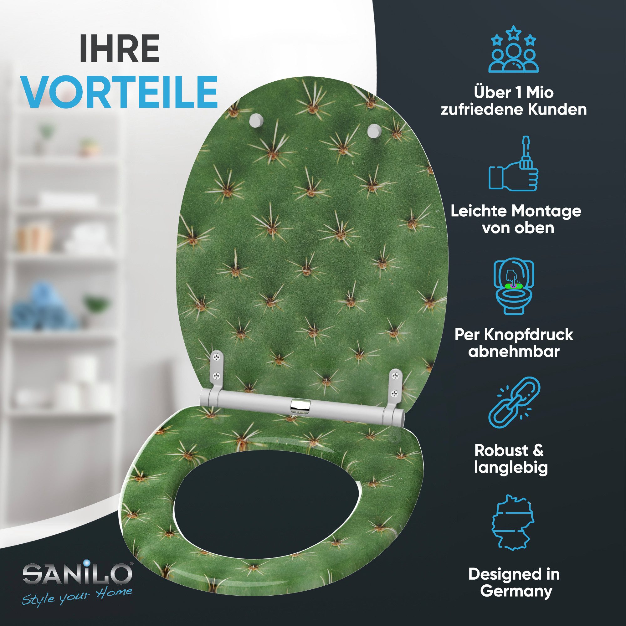 Sanilo WC-Sitz Kaktus mit Absenkautomatik & Quick Release, Premium Toilettendeckel, abnehmbar, leichte Montage von oben – Bild 2 von 5