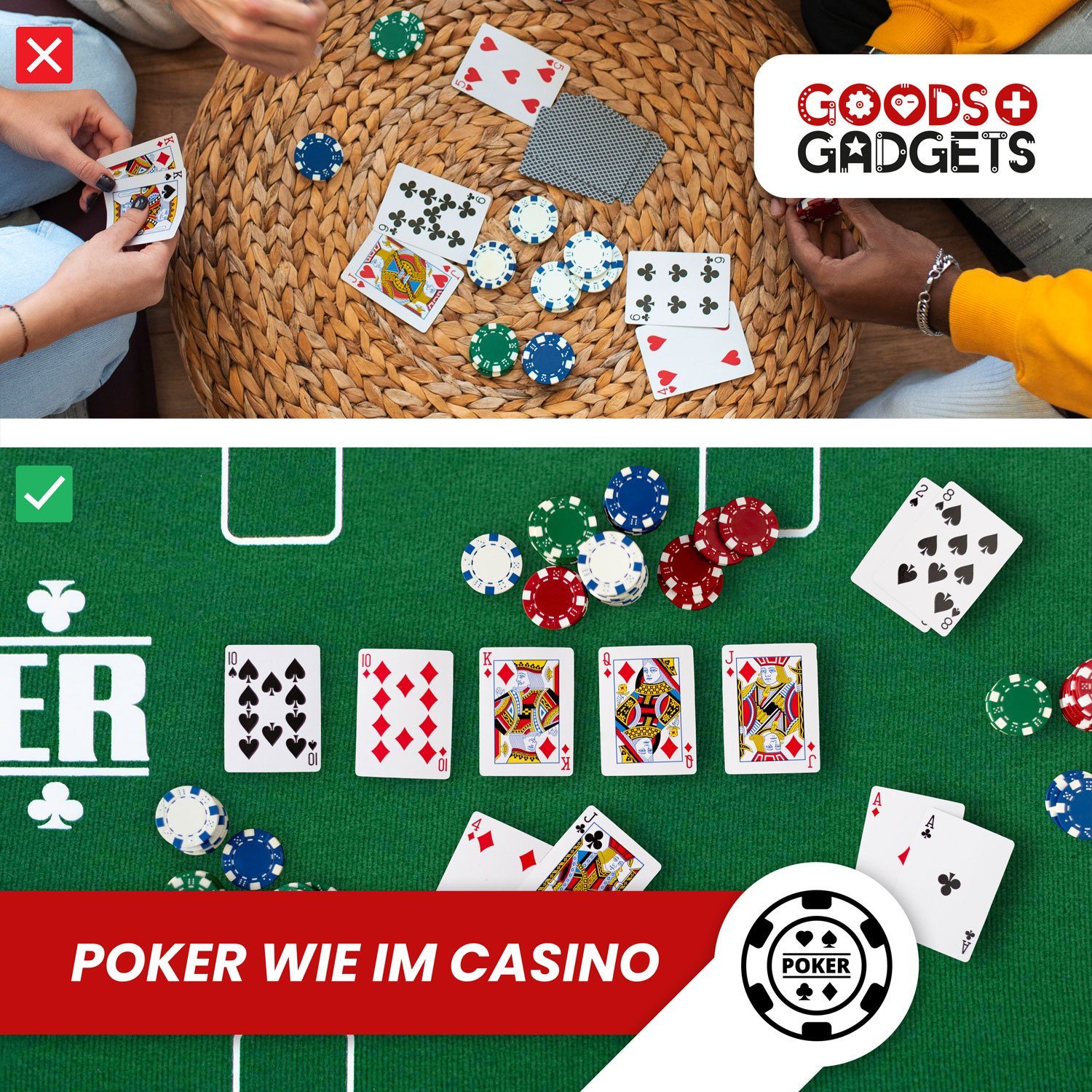 Goods+Gadgets Spiel Faltbare Poker Tischauflage 160x80 cm mit Chiptray & Getränkehalter, Poker-Tisch-Auflage, Casinotisch