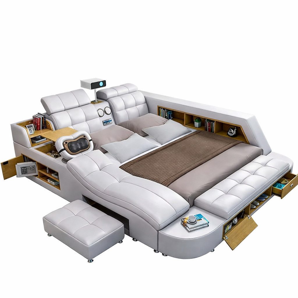 JVmoebel Multimediabett Multifunktionales Bett Moderner Stil Beigefarben Holzrahmen Bequem (2-tlg)
