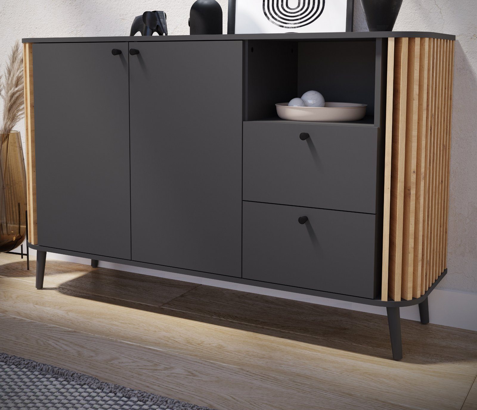 Boutique xonox.home Kommode Pure mit Eiche cm), Retro x (Sideboard Design in 88 138 Artisan, matt grau