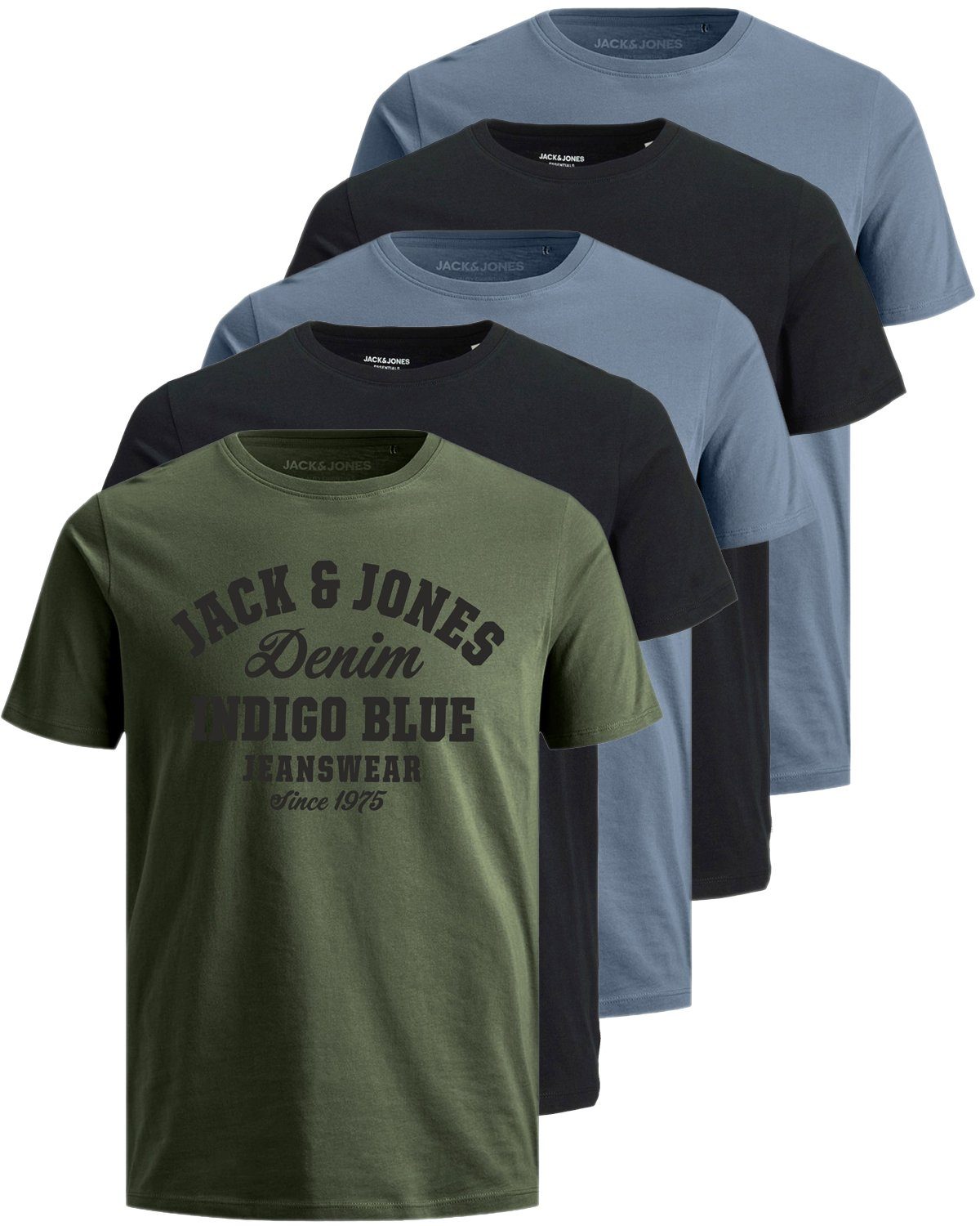 Jack & Jones Plus Print-Shirt Weites Shirt mit Printdruck (Spar-Set, 5er-Pack) unifarbenes Oberteil aus Baumwolle in Übergröße, Размер 5XL