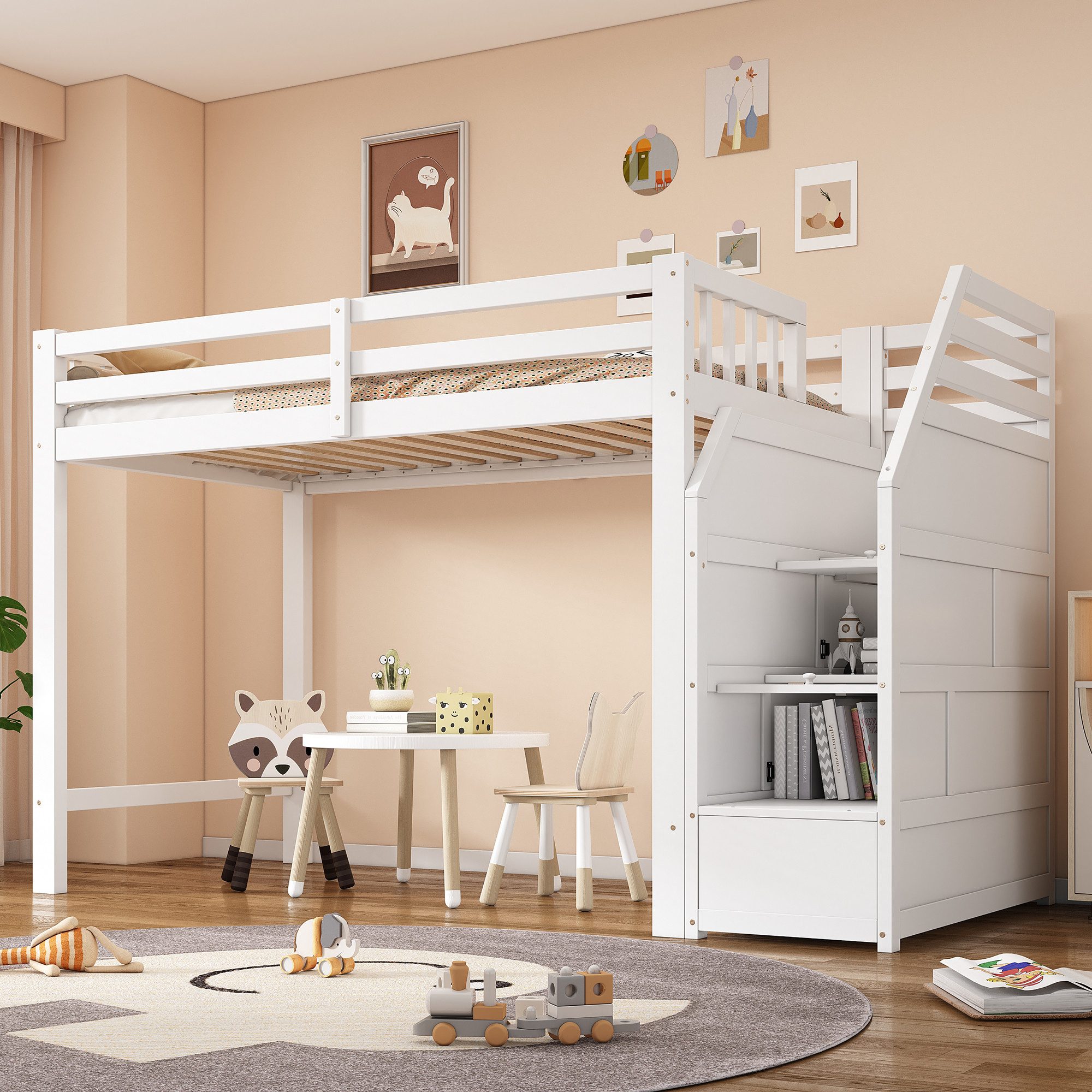 STILVORA Hochbett 90x200 mit Stauraumtreppe,Jugendbett Kinderbett mit Lattenrost,Weiß (Hochbett 90x200 cm aus Kiefernholz, mit Lattenrost, sicherem Geländer und kreativer Aufbewahrungsleiter für Kinderzimmer., Hochbett 90x200cm) ohne Matratze