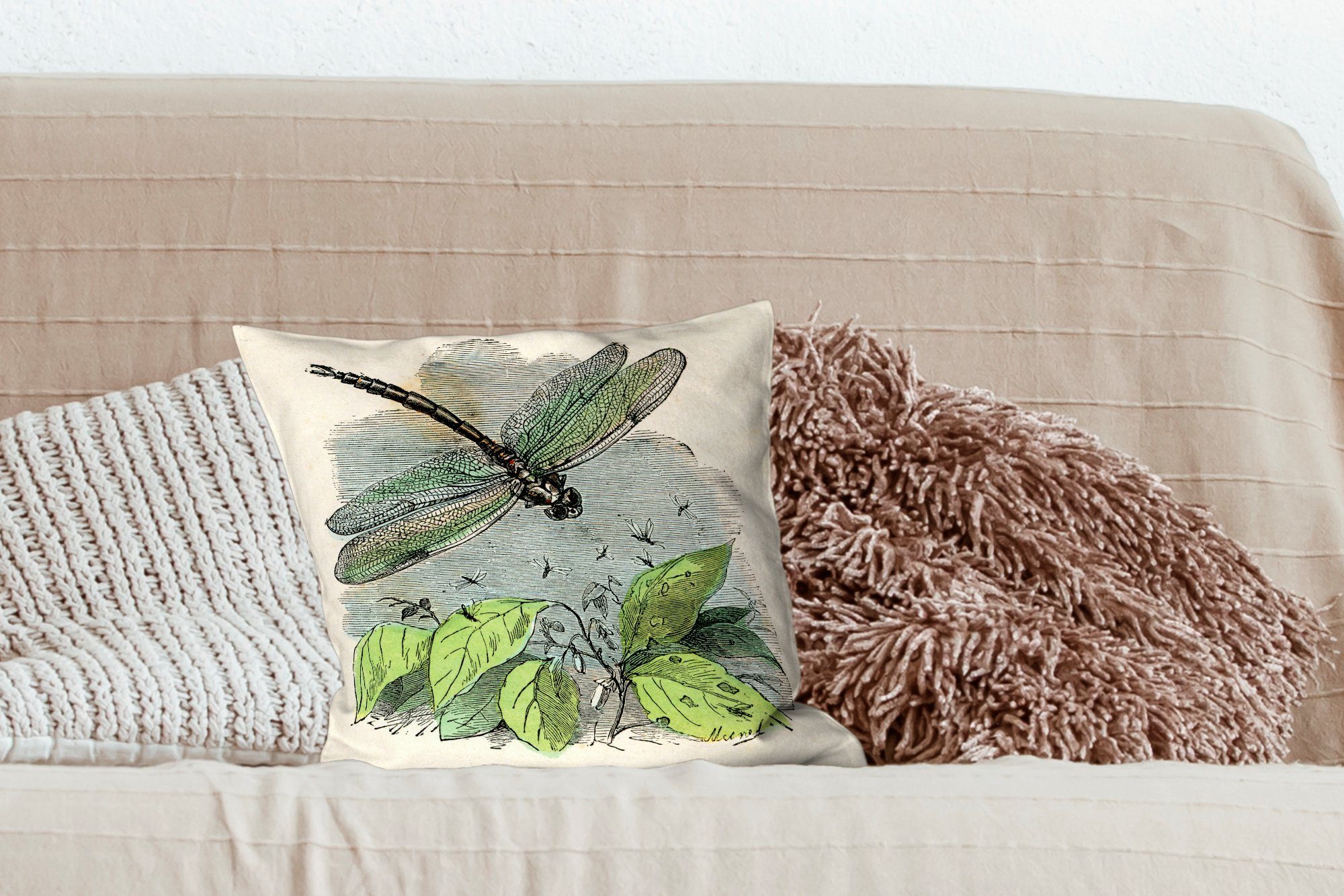 MuchoWow Dekokissen Eine Schlafzimmer, Illustration mit Füllung Libelle, Deko, grünen für einer Wohzimmer, Zierkissen Sofakissen
