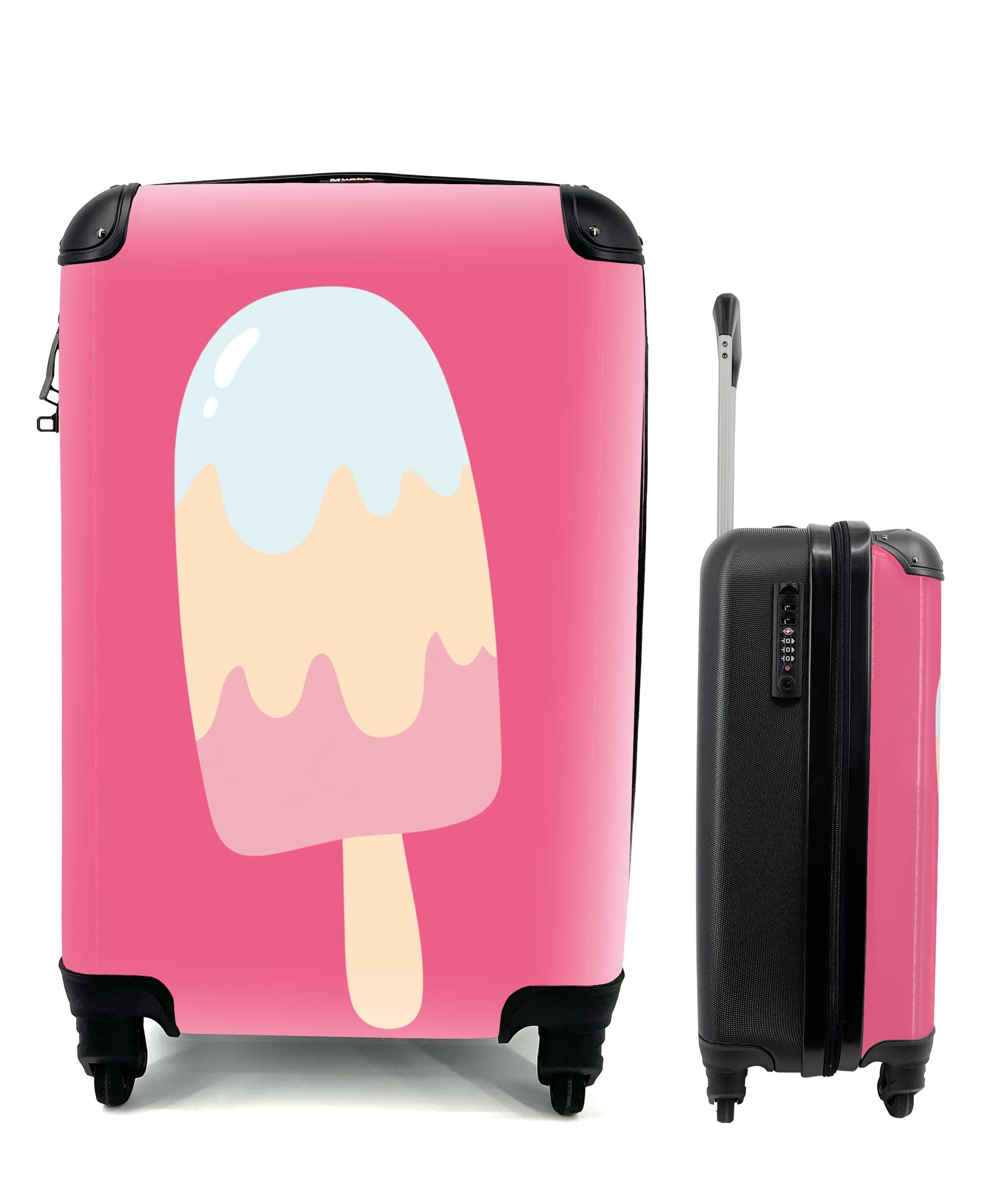 MuchoWow Handgepäckkoffer Illustration eines Eises auf einem rosa Hintergrund, 4 Rollen, Reisetasche mit rollen, Handgepäck für Ferien, Trolley, Reisekoffer