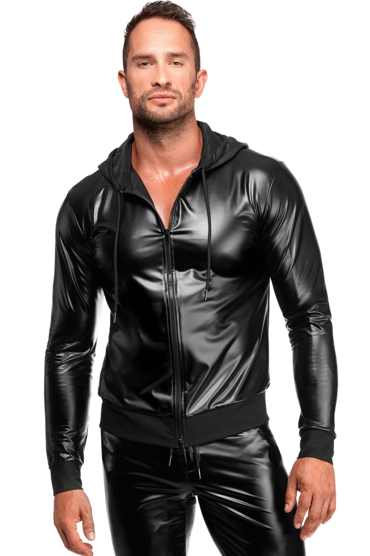 Lederimitatjacke Glänzende Herren Jacke Hoodie schwarz aus Wetlook Material mit Reißver