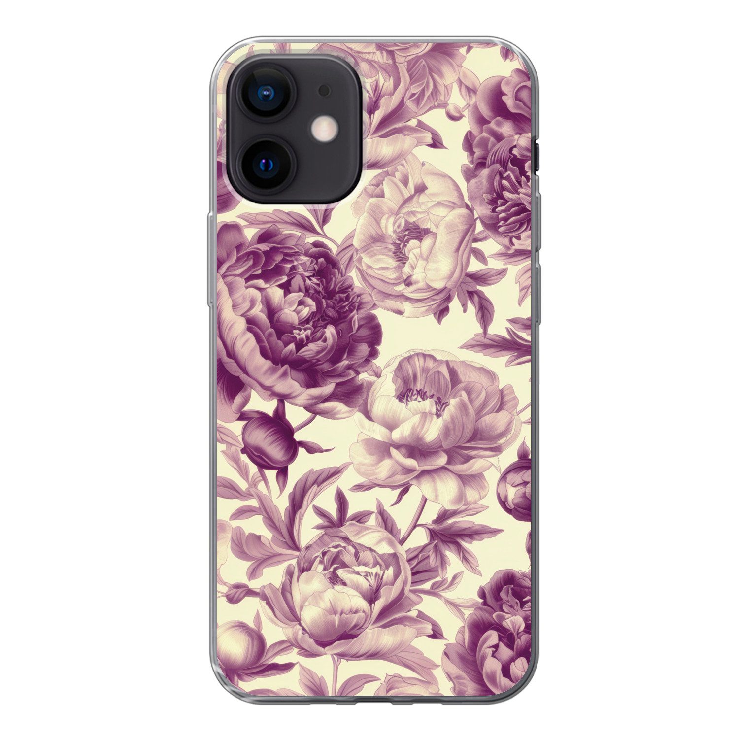 MuchoWow Handyhülle für Apple iPhone 12 Blumen - Muster - Lila - Beige, Smartphone-Bumper, Print, Handy Schutzhülle Dünn