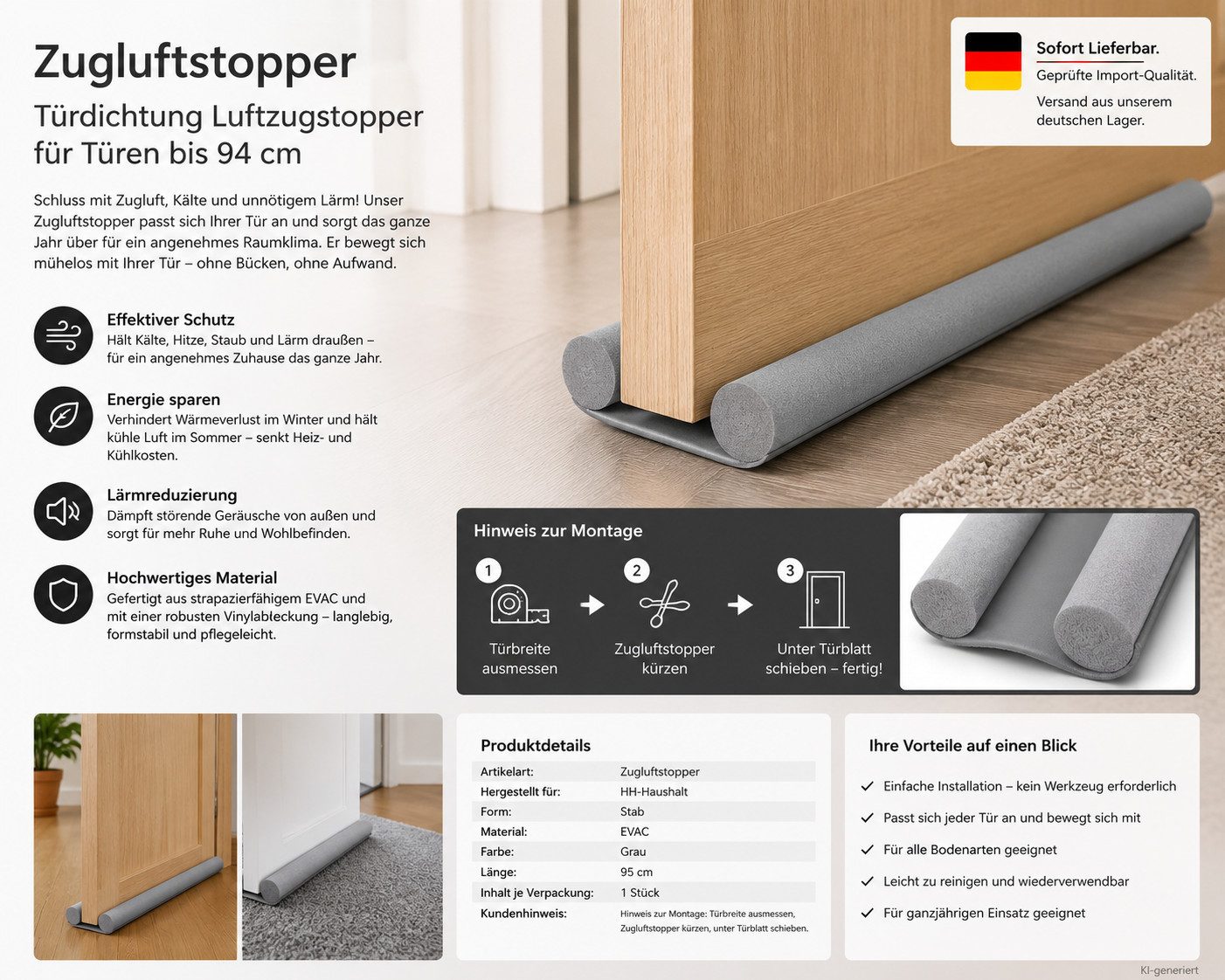 HH-Haushalt Zugluftstopper Zugluftstopper Türdichtung 95 cm Grau – Luftzugstopper
