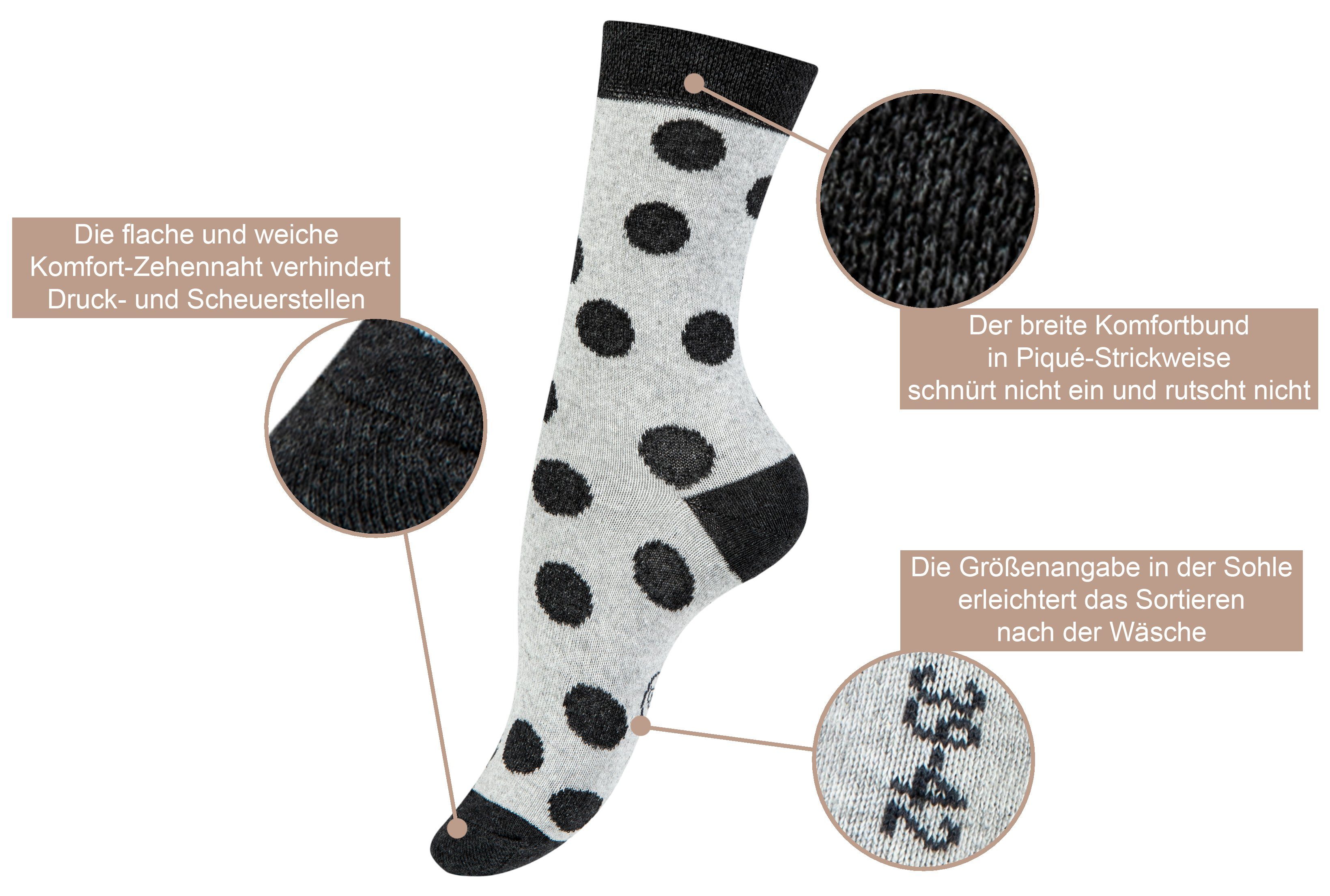 Paolo Renzo Langsocken Baumwolle hochwertiger Atmungsaktive aus gemustert (10-Paar) gepunktet Damen Frauen Socken oder geringelt Socken Casual