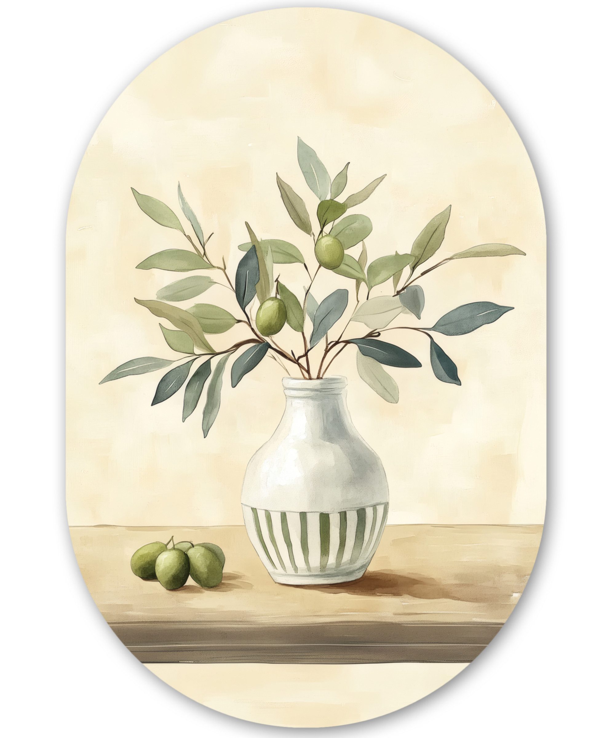 MuchoWow Gemälde Vase - Keramik - Olivenzweige, Fotodruck (1 St), Wandbild Oval, Wohnzimmer oder Schlafzimmer Wanddekoration, 40x60 cm