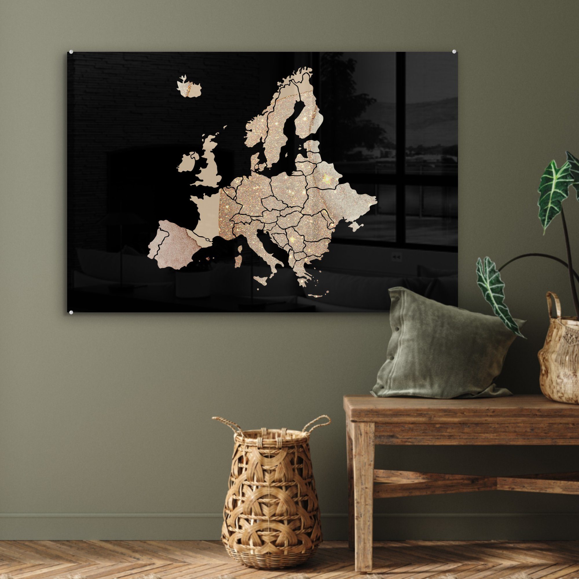 Acrylglasbild & - Europa - St), MuchoWow Acrylglasbilder Glitzer, Karte (1 Schlafzimmer Wohnzimmer