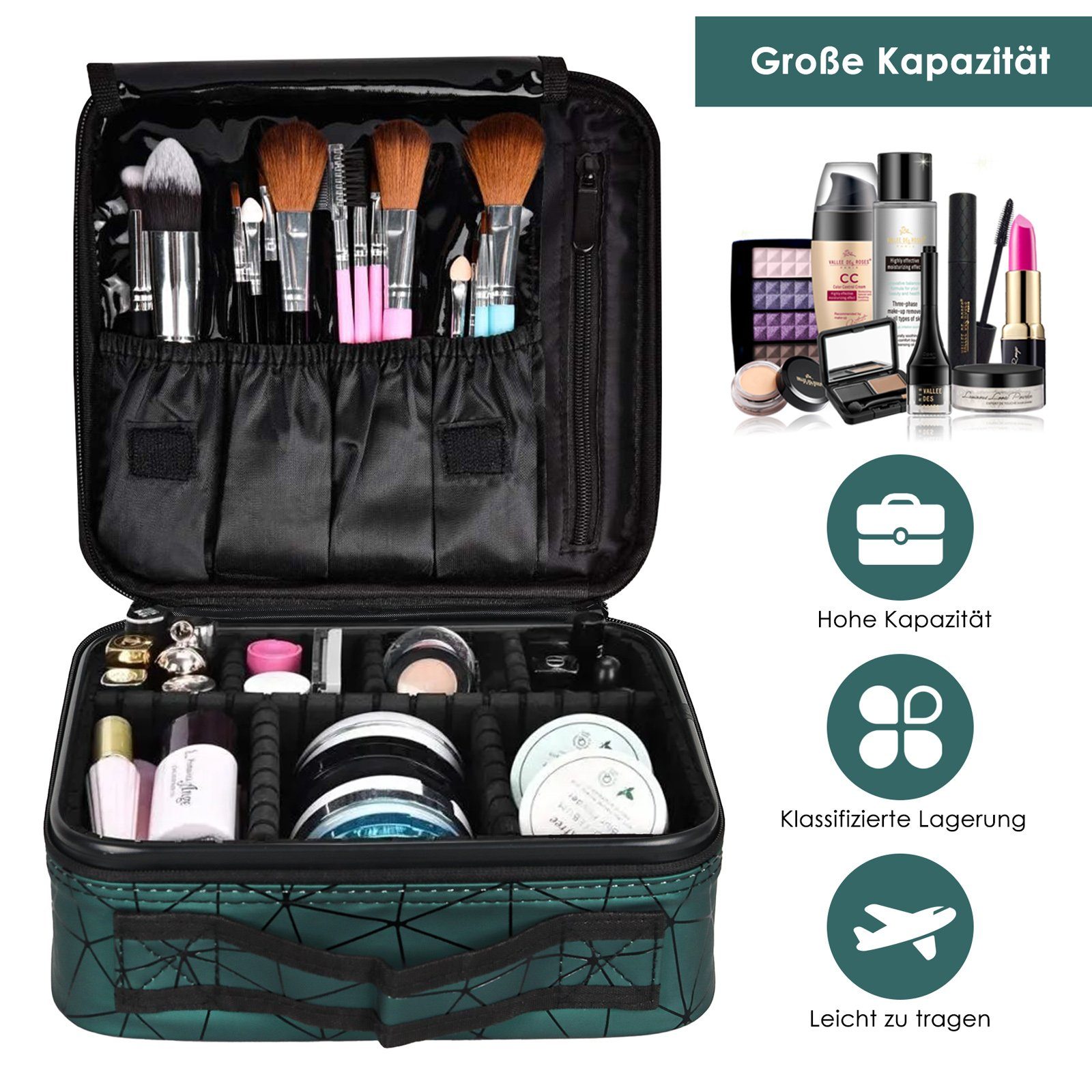 CALIYO Kosmetik-Koffer Kosmetiktasche Portable Reise Schmink Up Grün Aufbewahrung Make Schminktasche Organizer, Makeup Wasserdicht Tasche Box Tasche, Kosmetische
