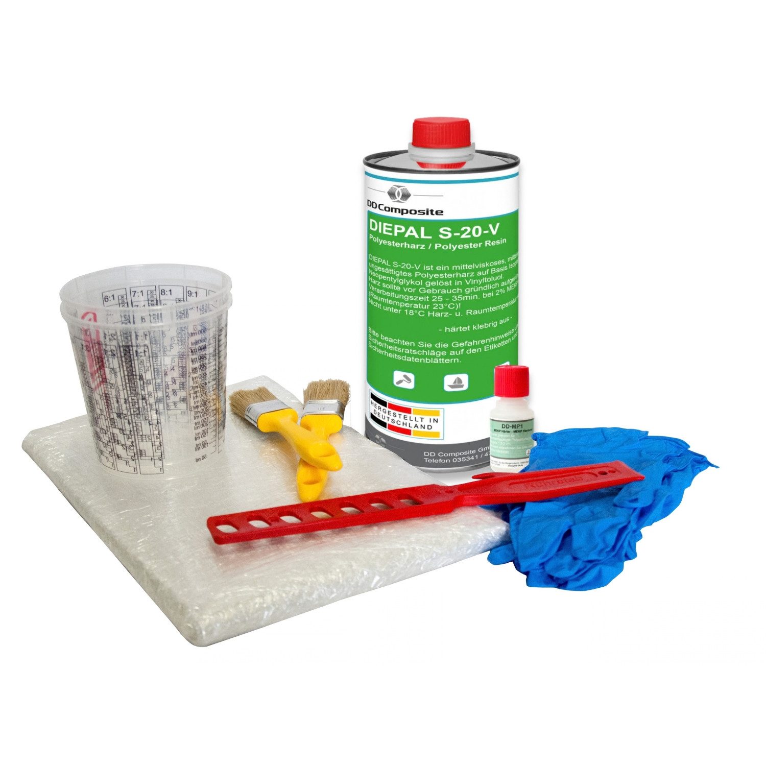 DD Composite Reparatur-Set Reparatur-Set Auto, Boot und Motorrad Polyesterharz 4, Polyesterharz-Set, 9-St., Harz Härter Glasfasermatte Pinsel Mischbecher Rührstab Handschuhe, styrolfreies Polyesterharz mit Glasfasermatte für kleinere Reparaturen