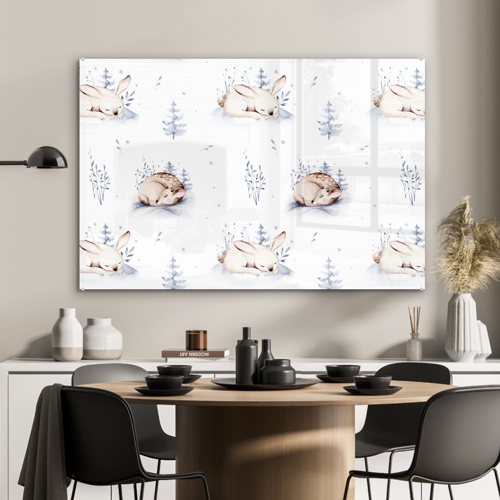 & St), Schlafzimmer - MuchoWow Rehe, Acrylglasbild Hasen Winter (1 Wohnzimmer - Acrylglasbilder