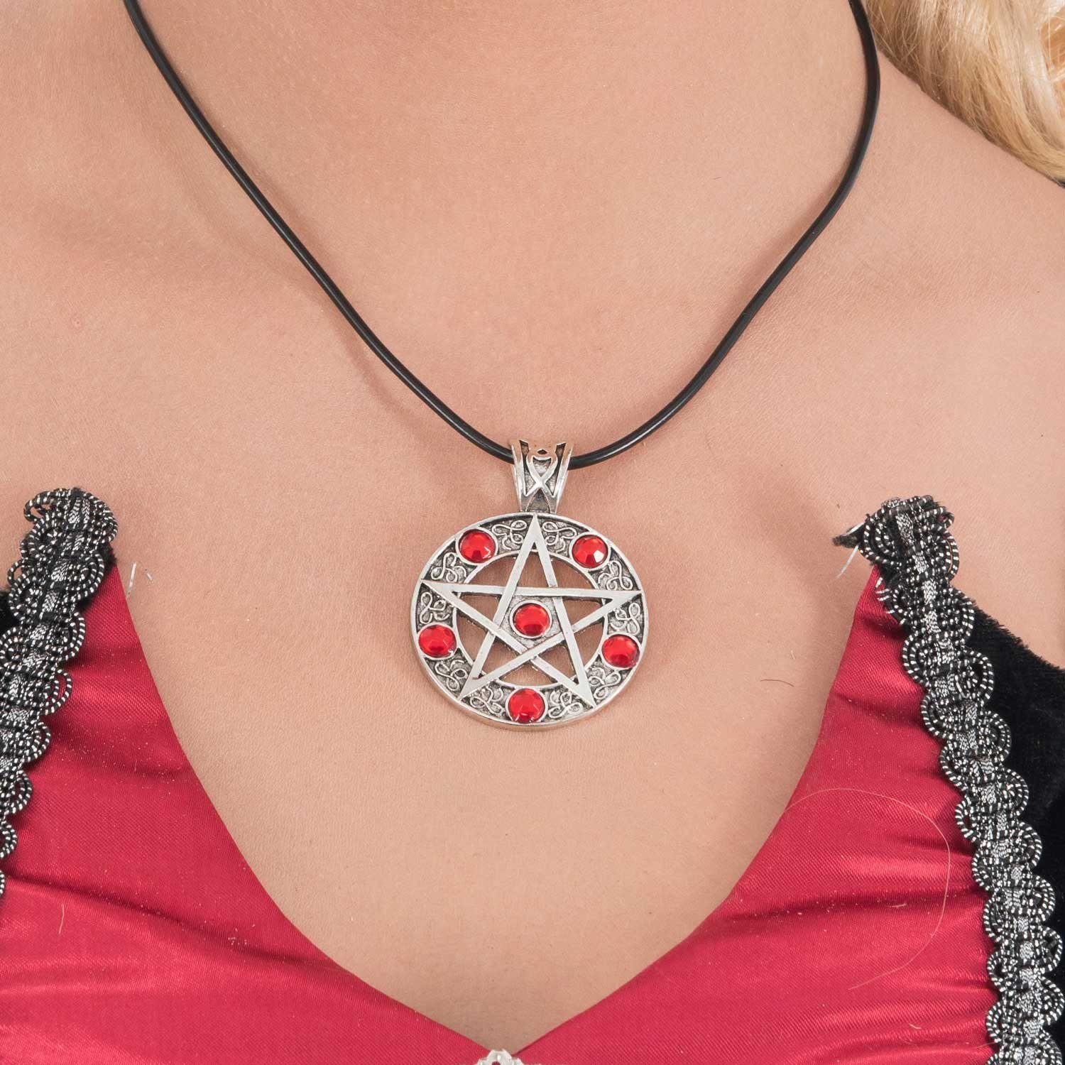 CHAKS Kostüm Hexen Halskette 'Lucifers Pentagramm', Silber Rot günstig online kaufen