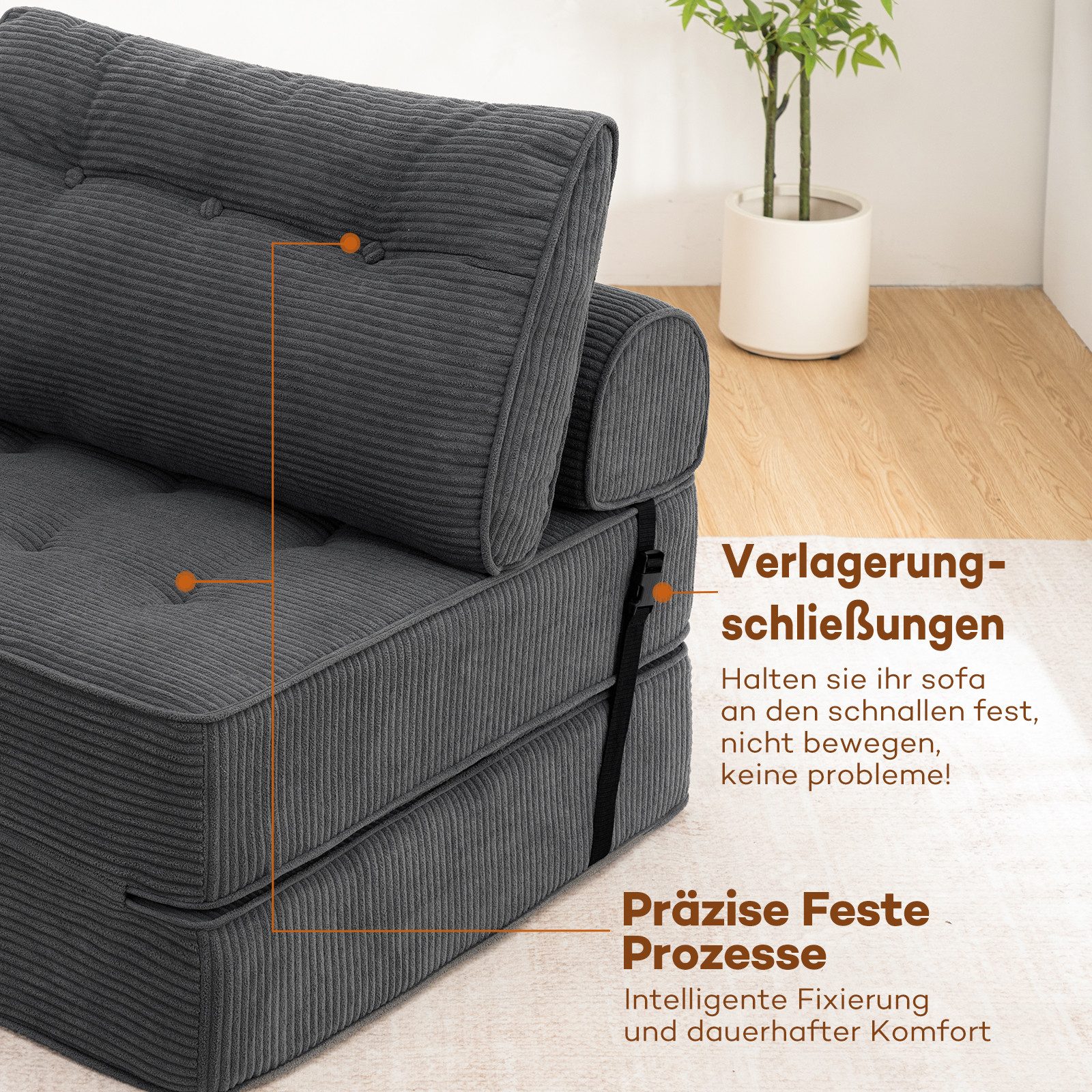 MECO Schlafsofa 3-in-1 Klappsofa Schlafsessel Cordstoff mit Kopfkissen+Lendenkissen, Komfortable Schlafcouch Bodensofa 80cm für Schlafzimmer Wohnzimmer – Bild 4 von 5