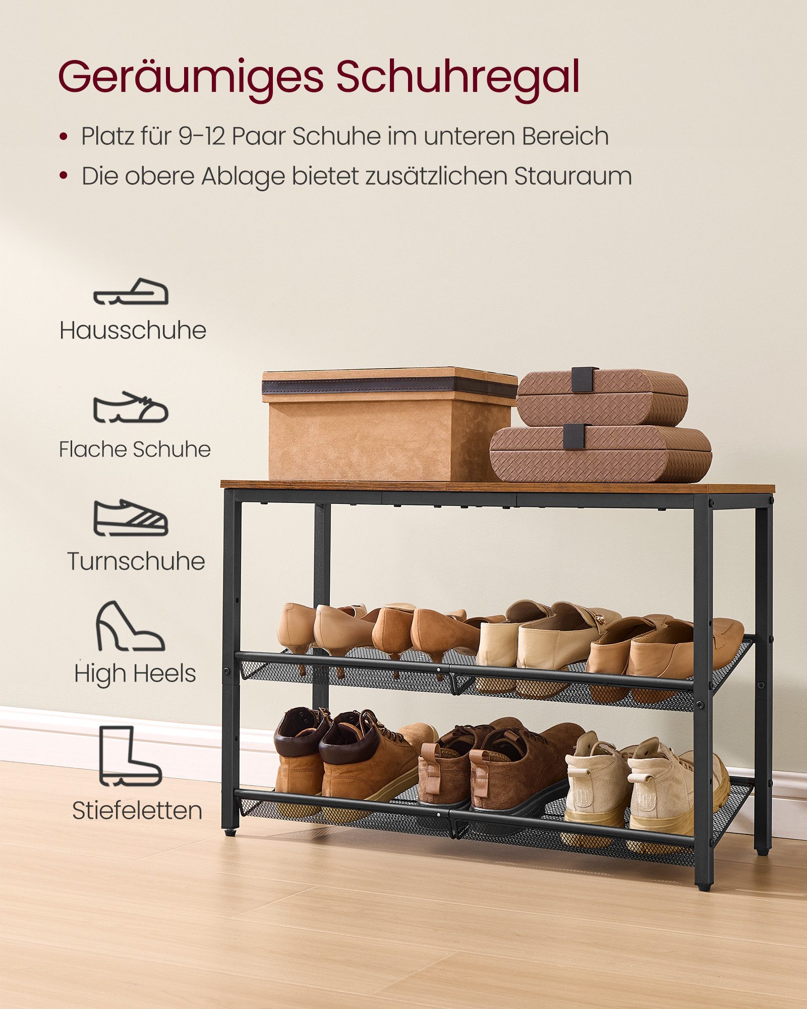 VASAGLE Schuhregal Schuhablage, platzsparend für Eingangsbereich Flur, Metall, 3/5/6 Ebenen, große Oberfläche, stahl verstellbare Gitterablagen