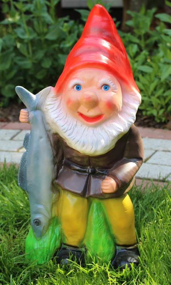 RAKSO Gartenzwerg Gartenzwerg Deko Garten Figur Zwerg mit großem Fisch in der Hand Angler aus Kunststoff H 45 cm