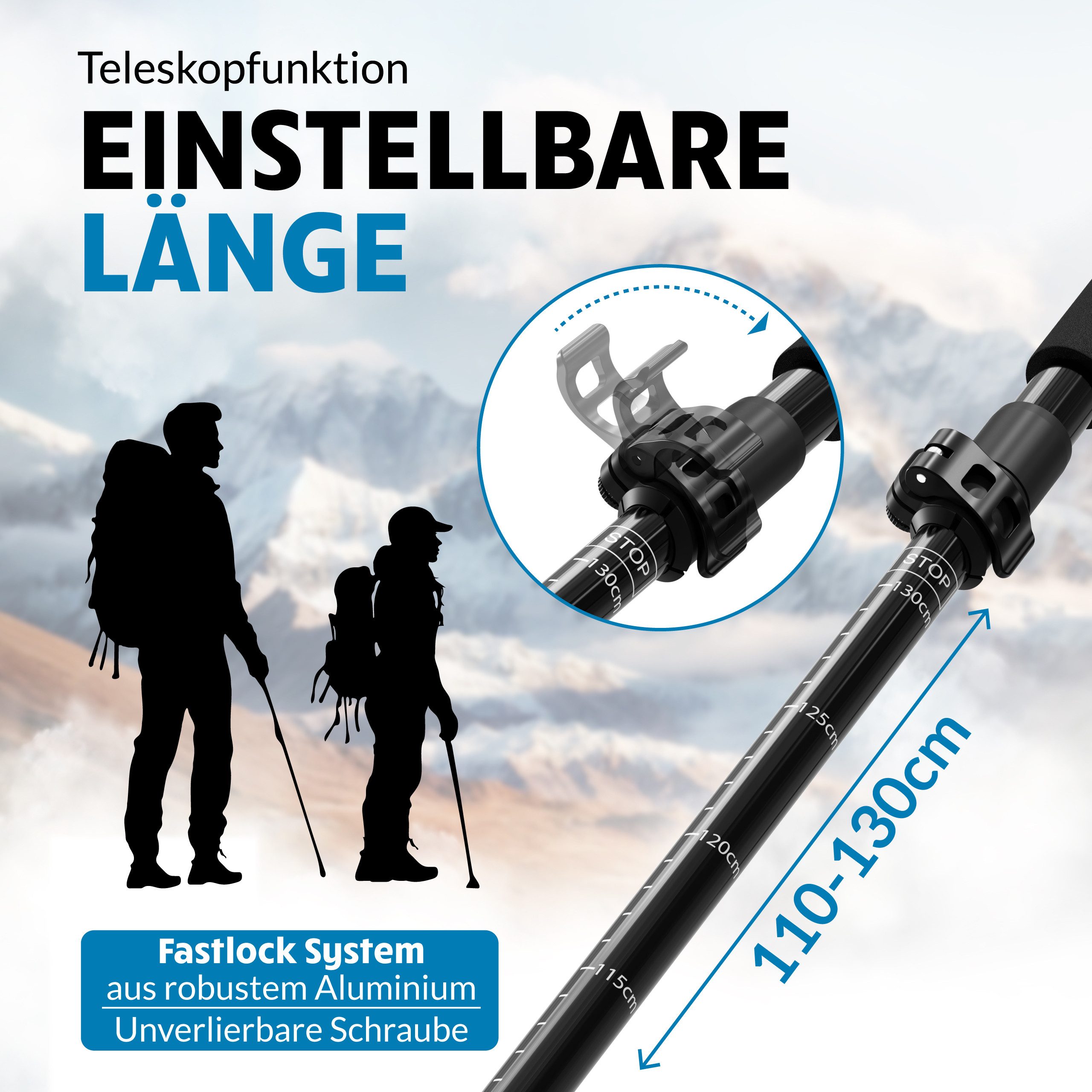 Terra Peak Wanderstöcke faltbar, ultraleicht, kleines Packmaß, bis 135 cm einstellbar, Set aus 2 Stöcken, Tragetasche, Gummipuffer, Handtuch – Bild 3 von 5