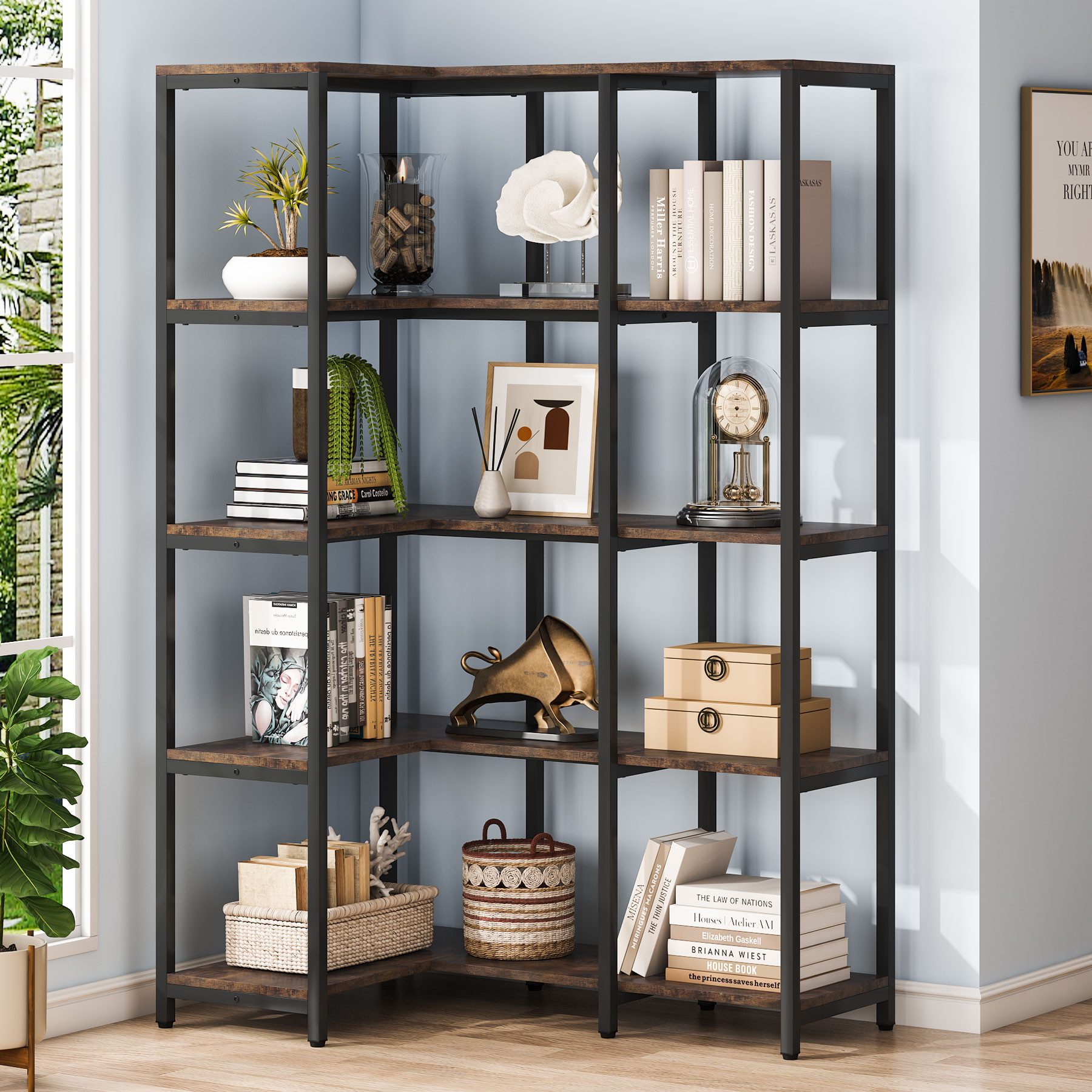 Hosfais Eck-Bücherregal Mit 5 Ebenen – Schmal, 150 Cm Hoch, Aus Stahl & Holz, Platzsparend Für Wohnzimmer & Büro