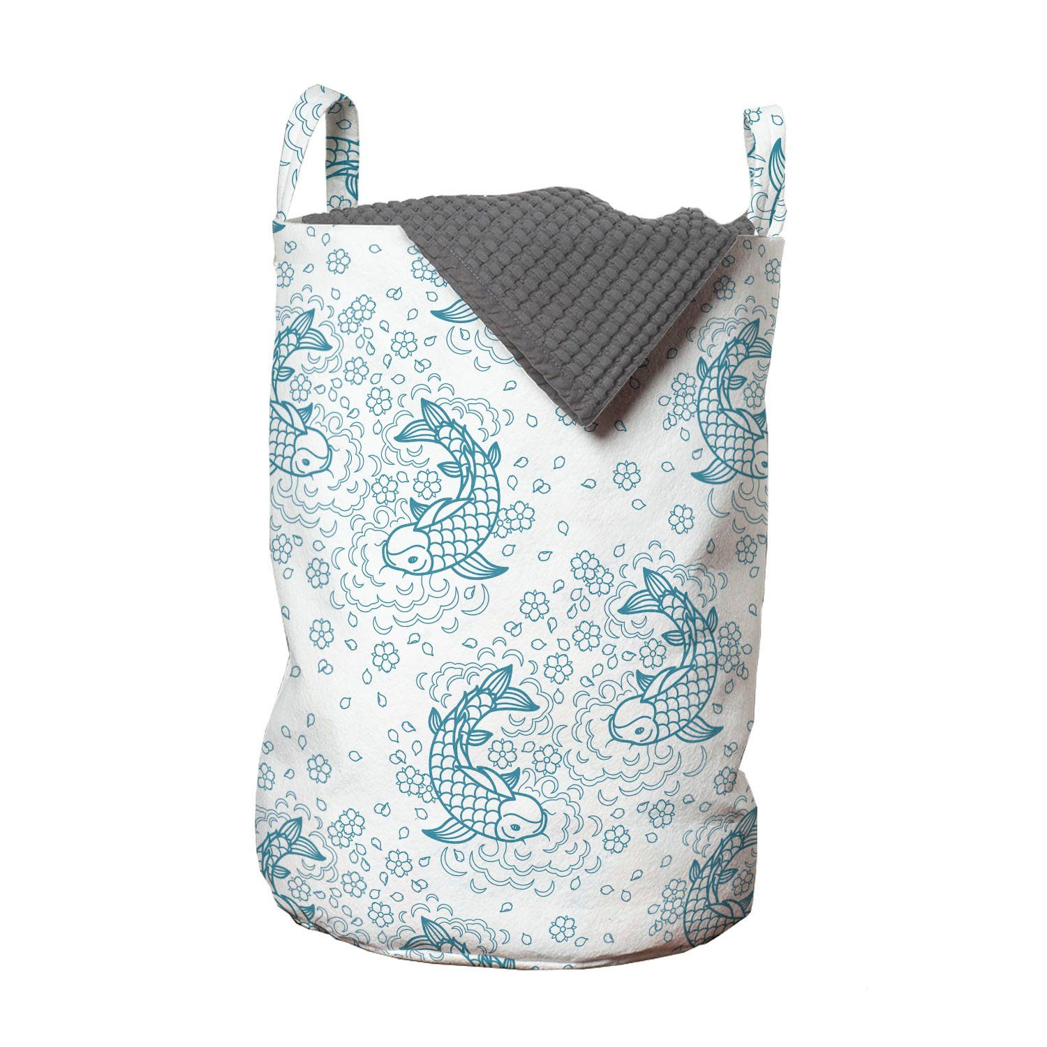 Abakuhaus Wäschesäckchen Wäschekorb mit Griffen Kordelzugverschluss für Waschsalons, asiatisch Koi Fische Sketch Stil
