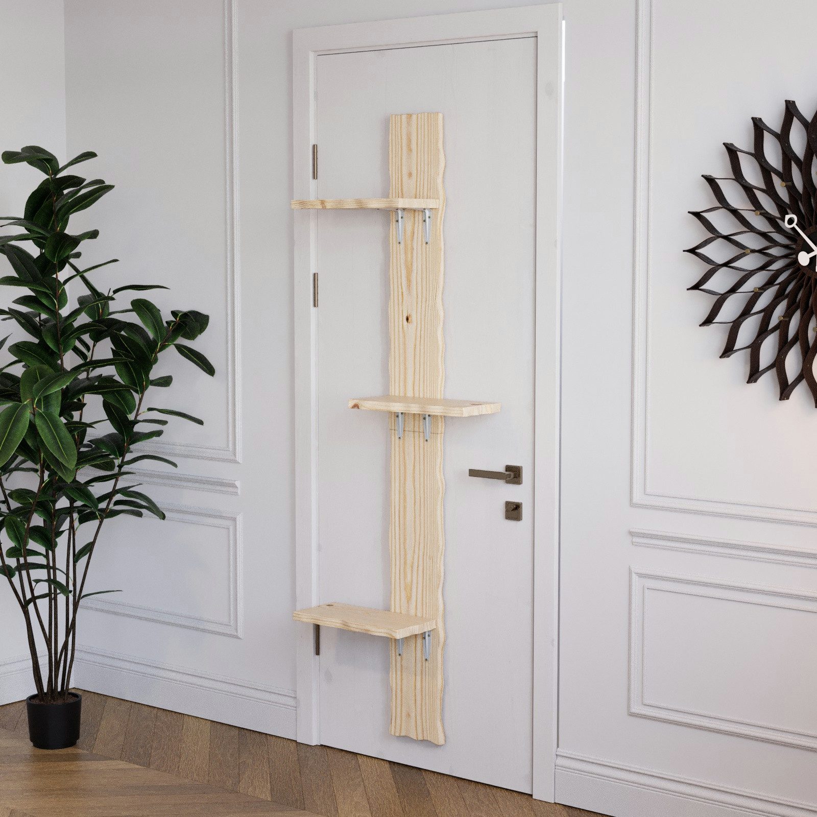 QLS Katzenliege Katzenleiter Katzentreppe Türmontage 3 Stufen 180cm, aus Kiefernholz für Innen- oder Außenseite 180x40x18 cm mit Montageset