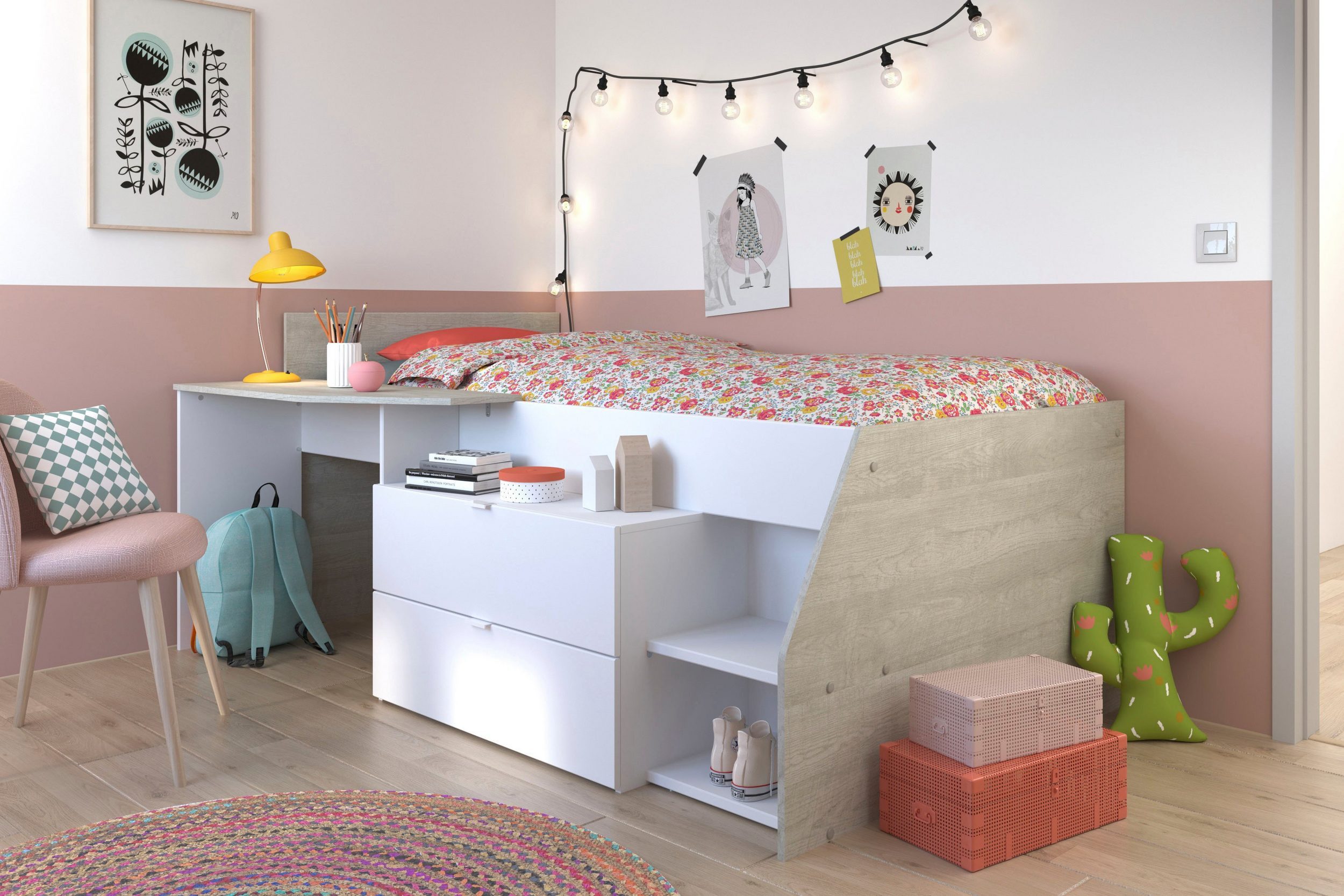 Parisot Jugendzimmer-Set Milky, (Komplett-Set Weiß mit Grau, 4-tlg., Bett, Kommode, Schreibtisch und Kleiderschrank), inklusive Stauraumbett